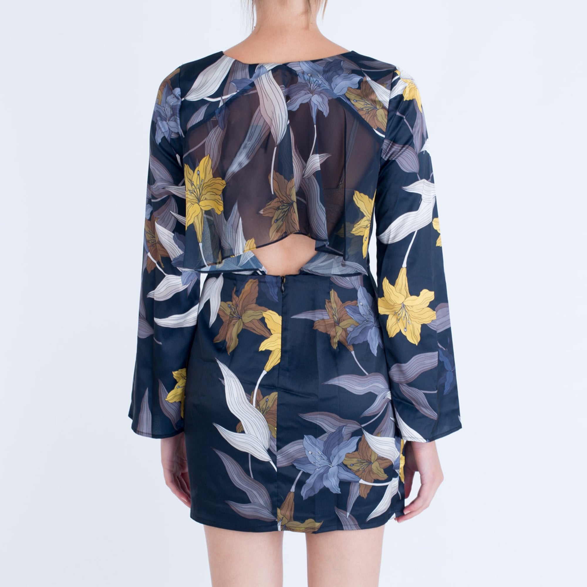 Marciano Floral Print Drape Back Satin Dress Blue/Yellow