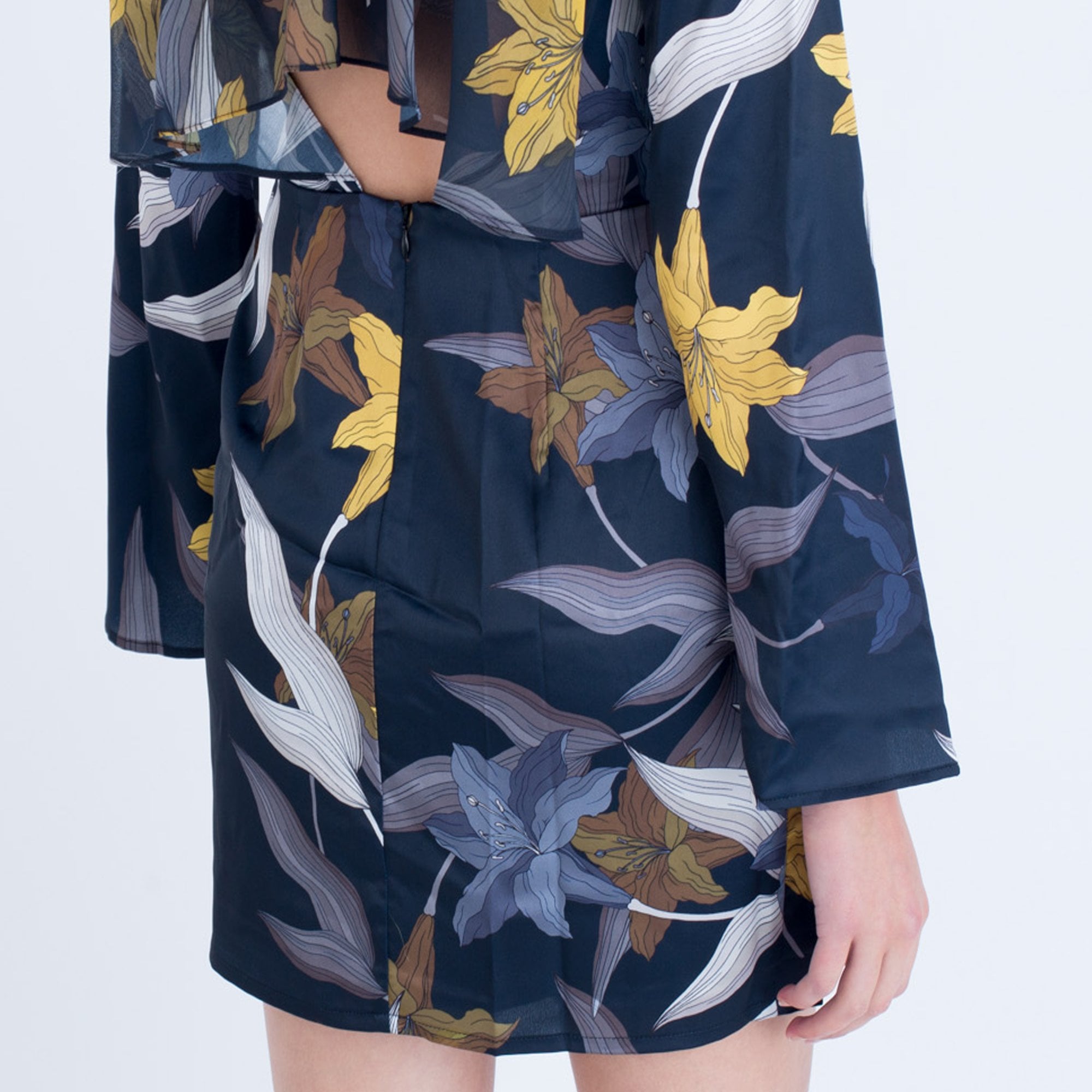 Marciano Floral Print Drape Back Satin Dress Blue/Yellow