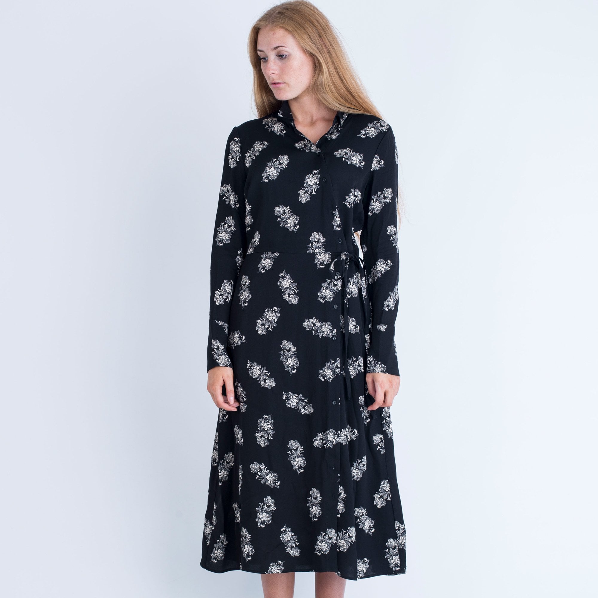 In Wear Elena Flower Print Dress With Tie Side Black/Cream