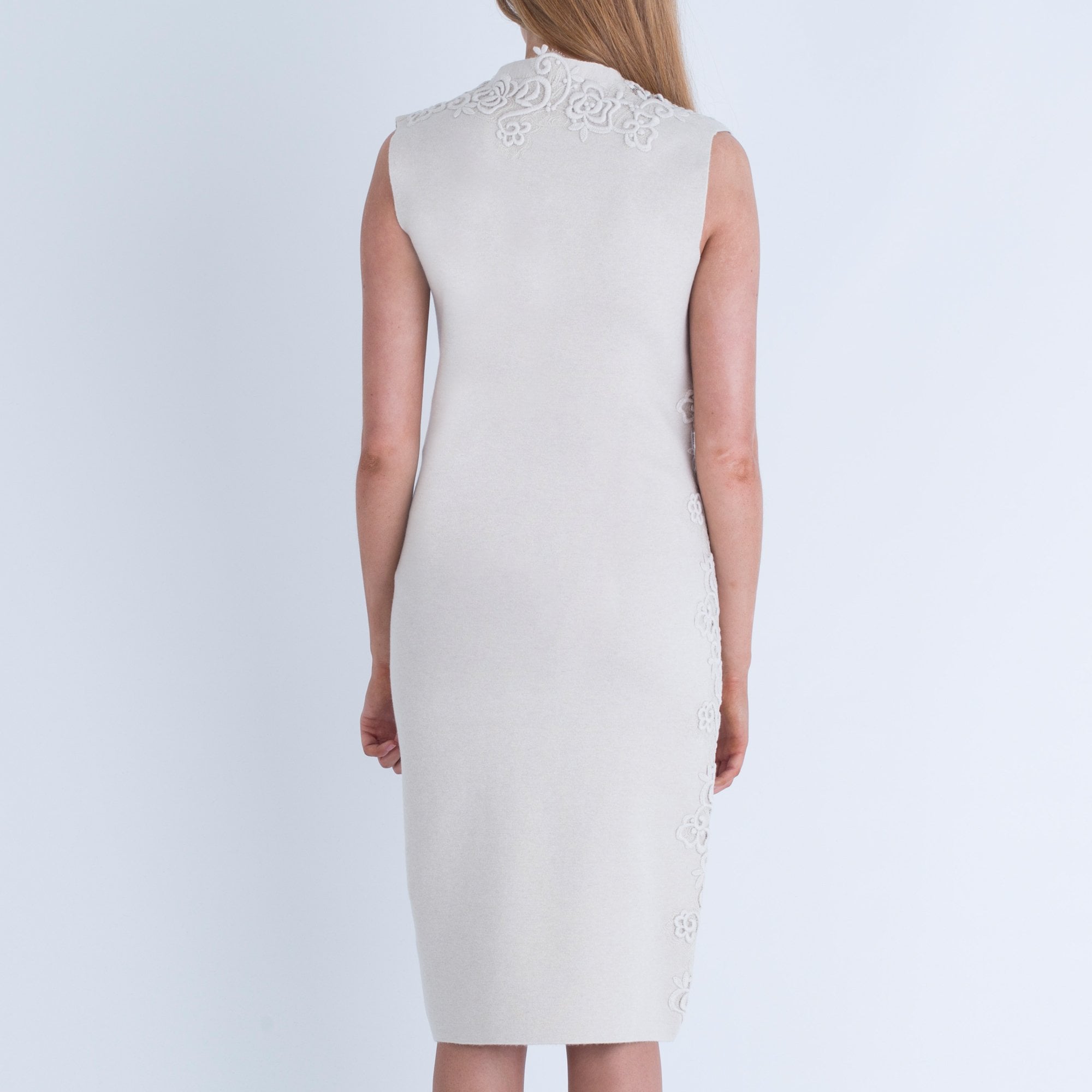 Dexterior V Neck Knitted Sleeveless Rose Embroided Side Dress Light Sand