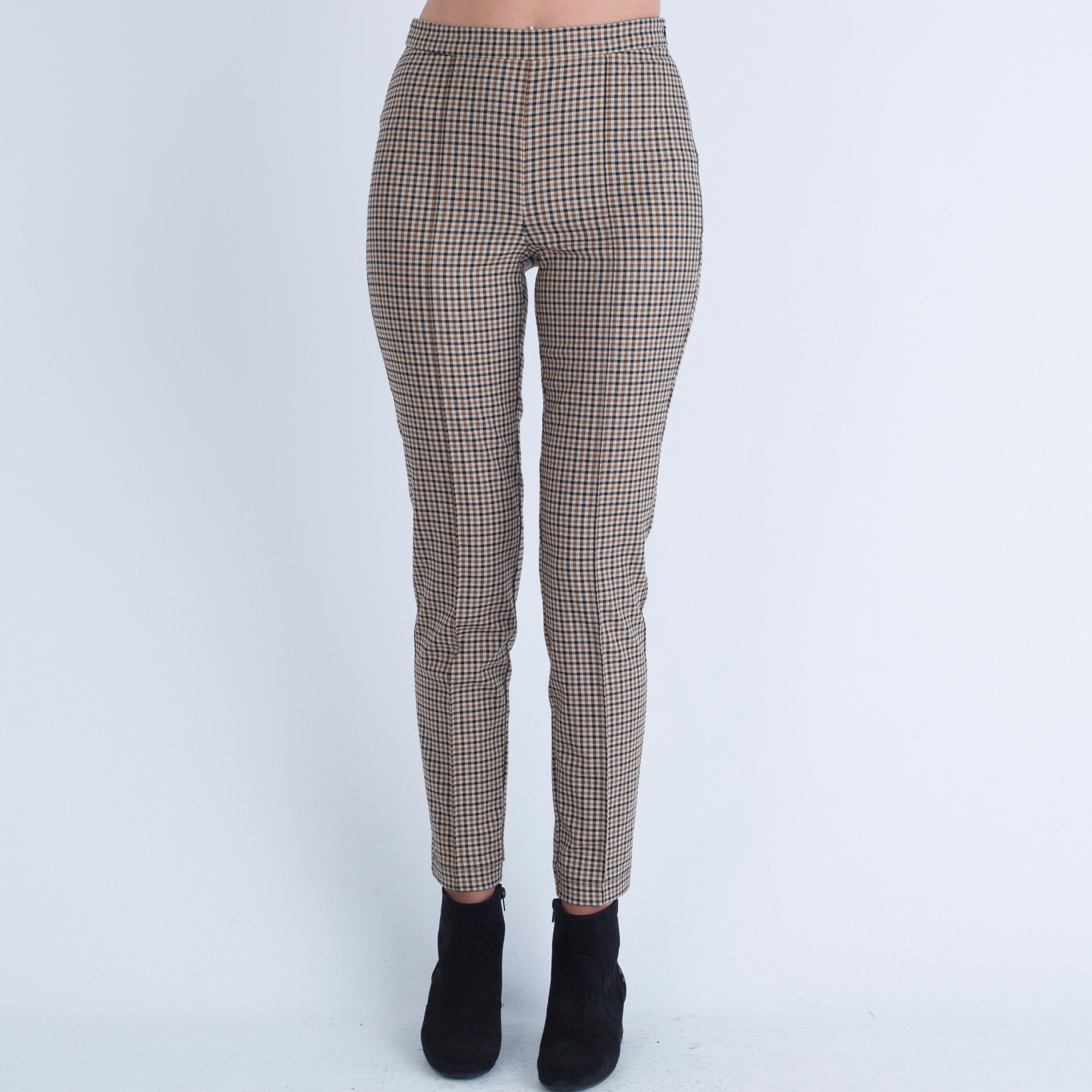 Oui Check Pant With Strap Camel/Black