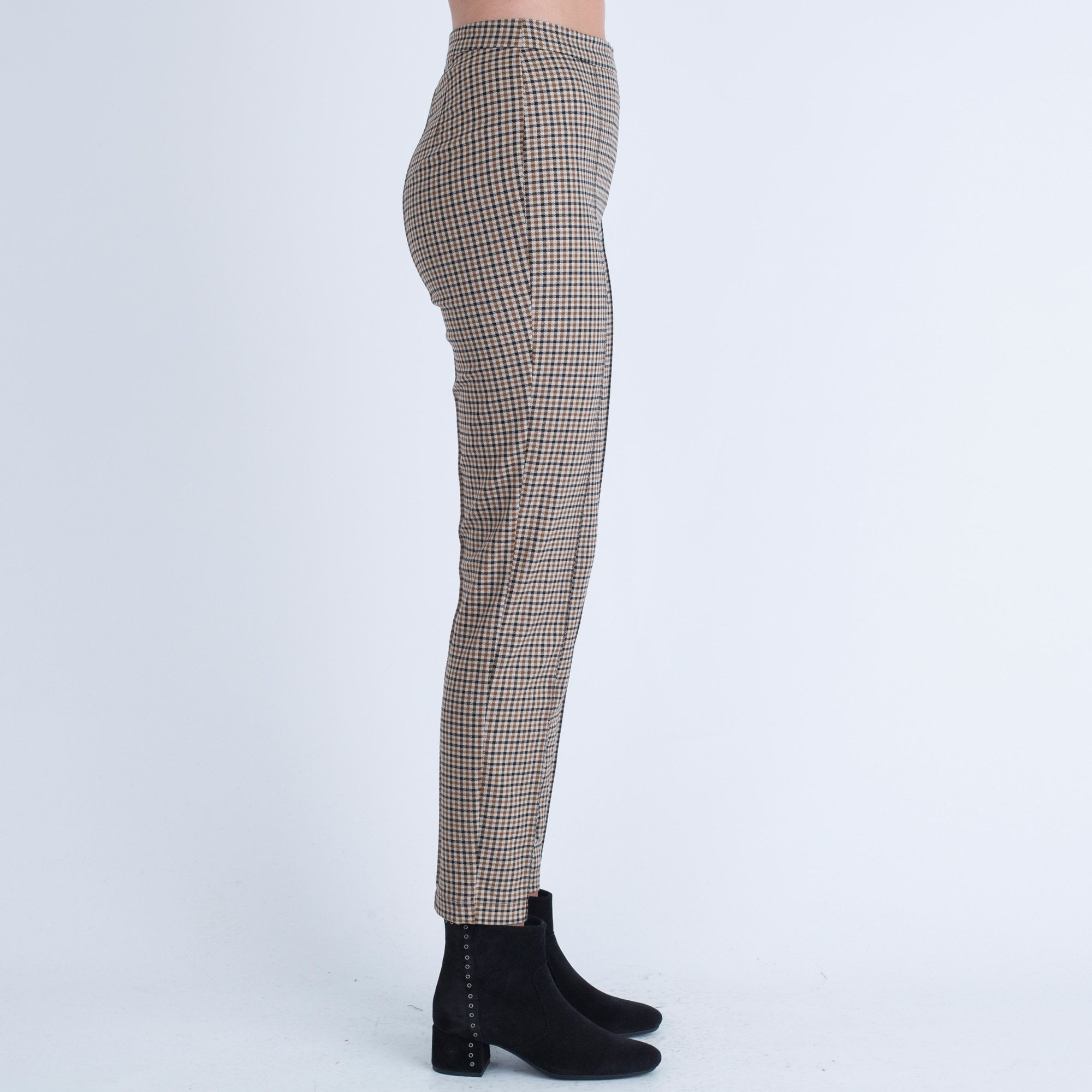 Oui Check Pant With Strap Camel/Black