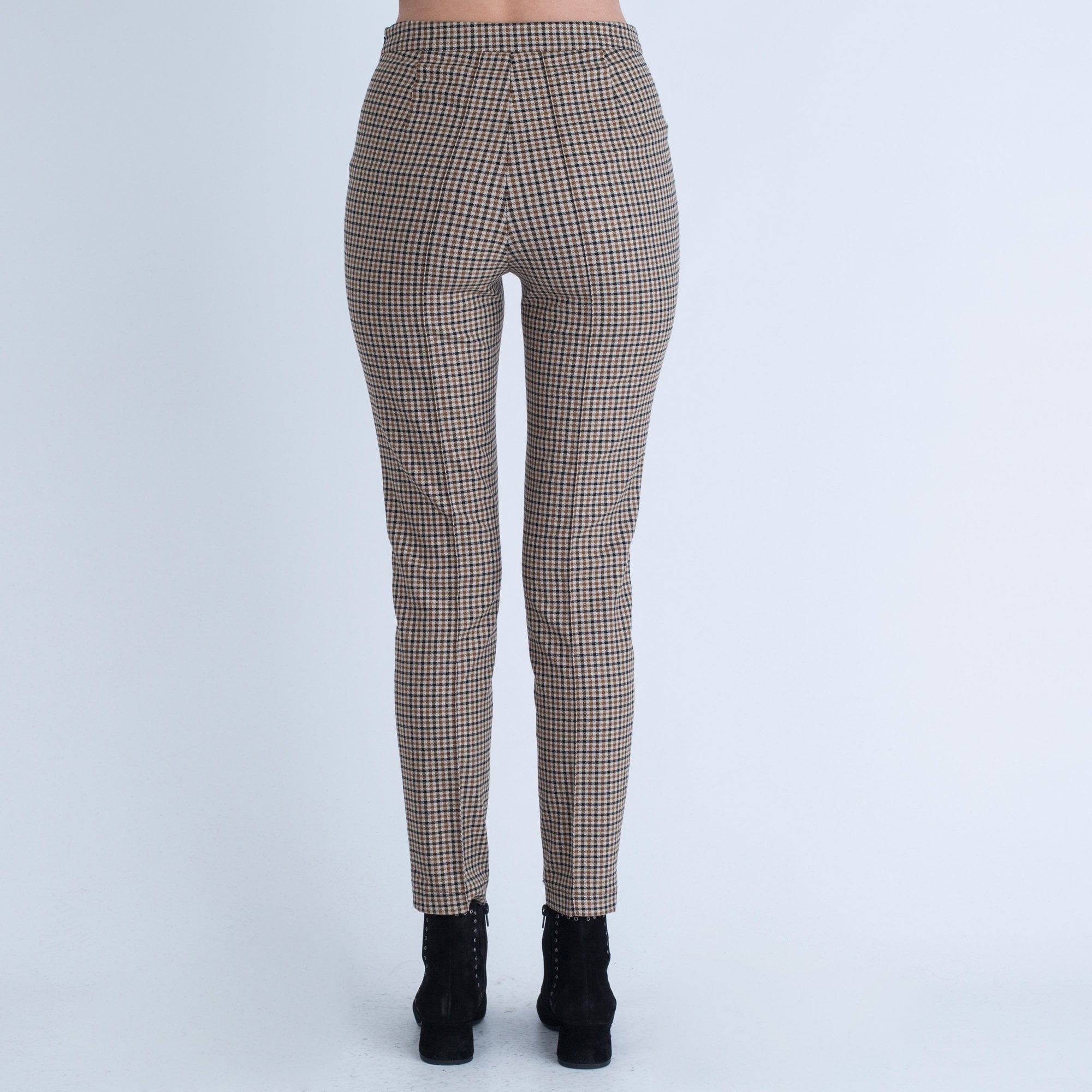 Oui Check Pant With Strap Camel/Black