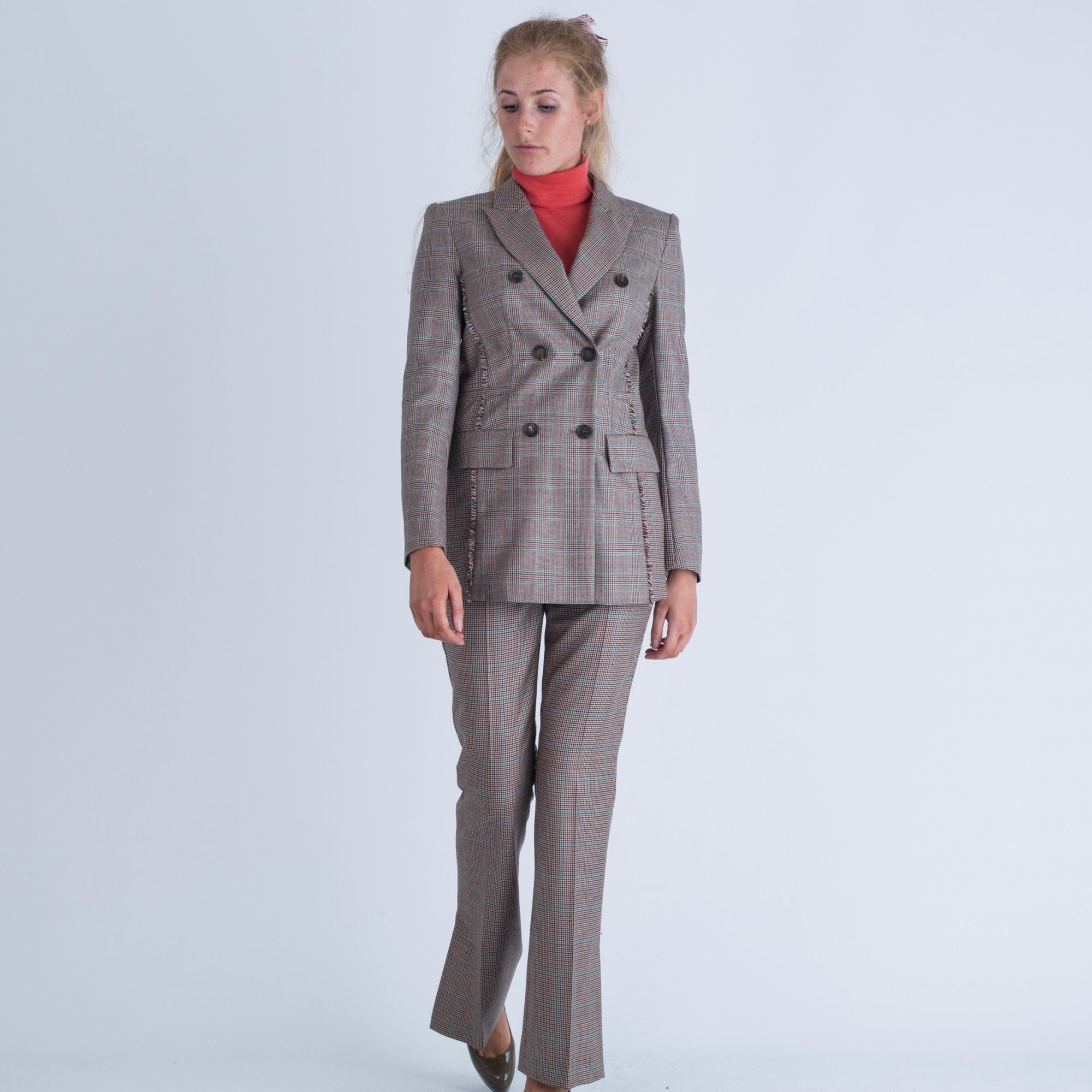 Marc Cain Check Boot Cut Trouser With Split Beige