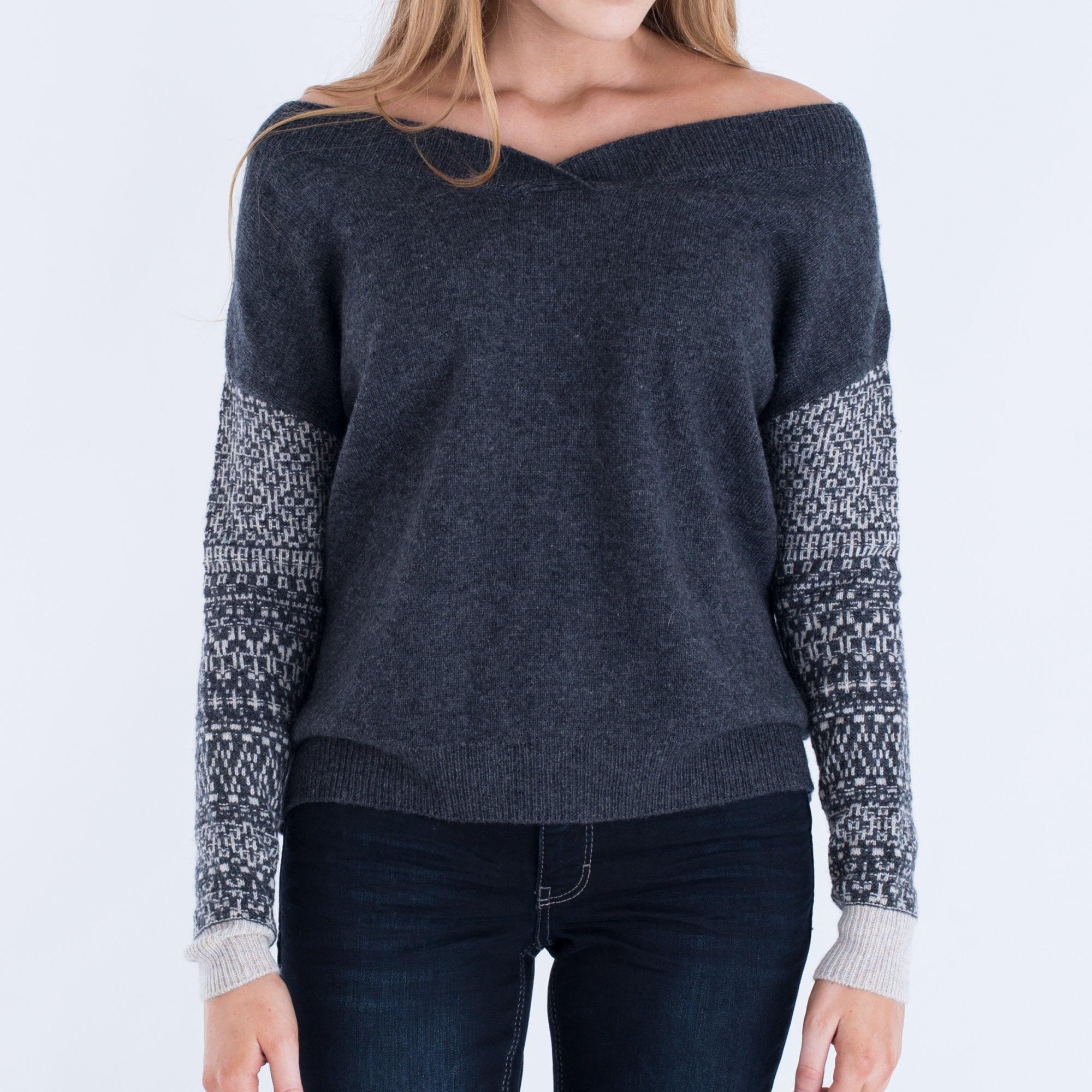 Charli Simona V Neck With Fairisle Sleeve Dark Grey