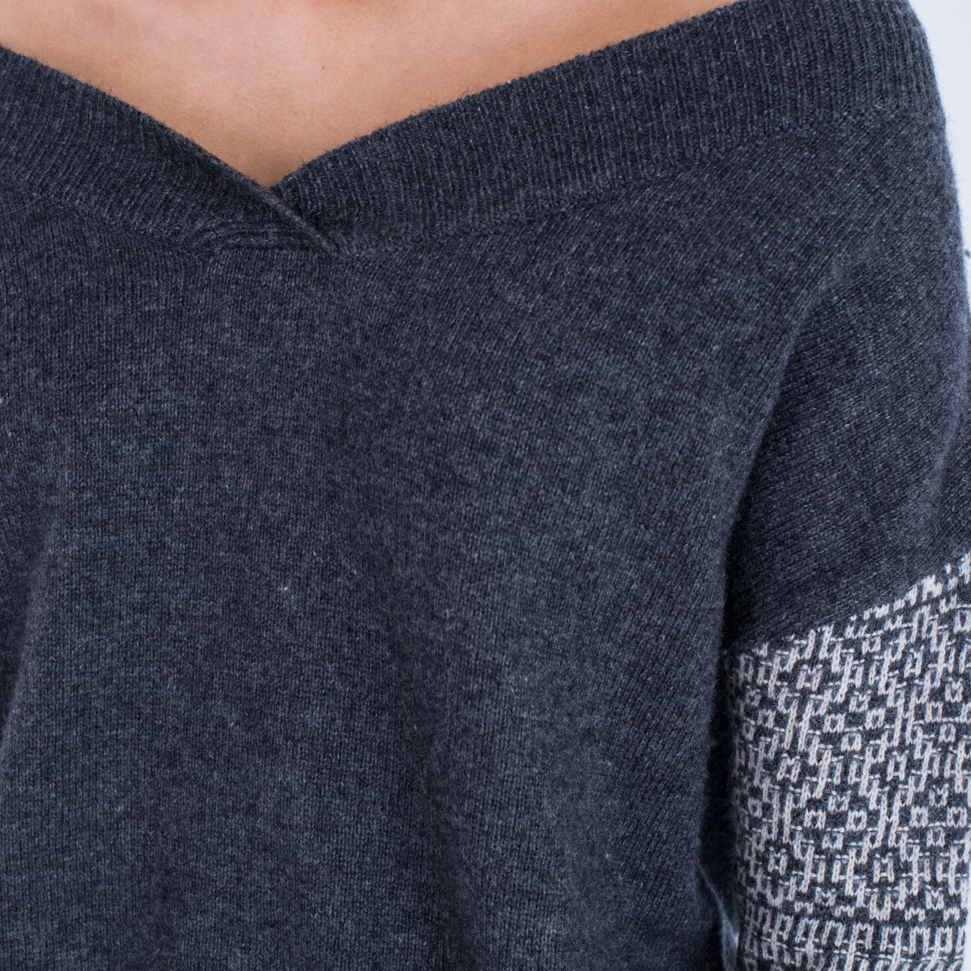 Charli Simona V Neck With Fairisle Sleeve Dark Grey