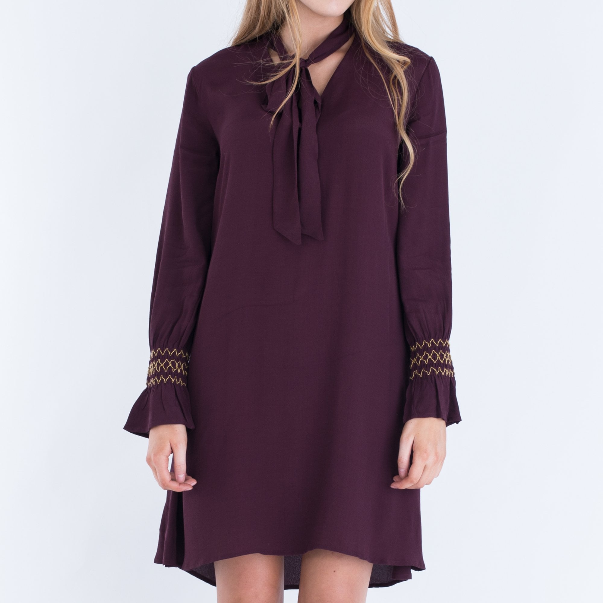 Charli Genevieve Tie Neck Flute Sleeve Dress Fit And Flare Damson