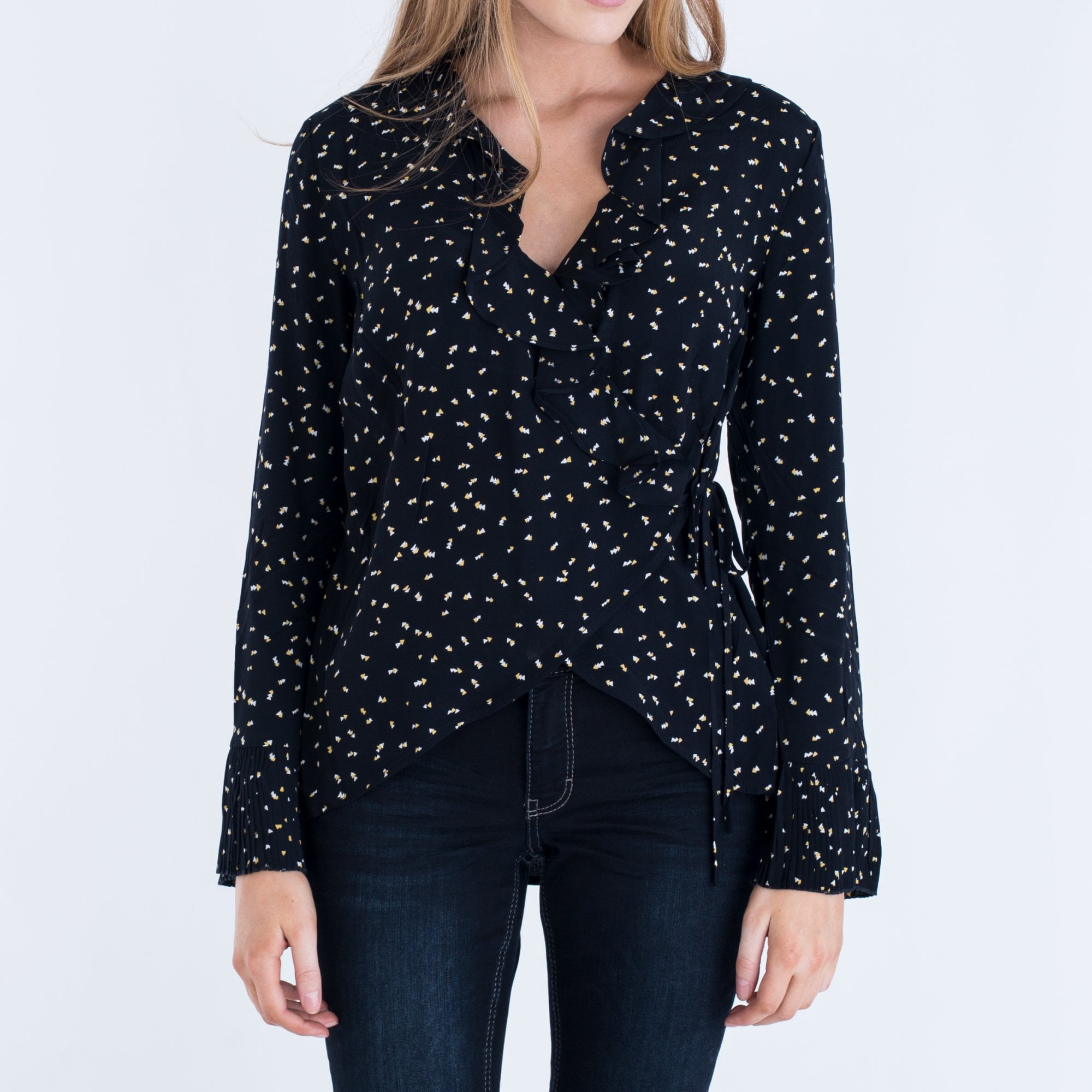 Charli Gabriella Tie Side Ruffle Edge Blouse Arrow Print Navy