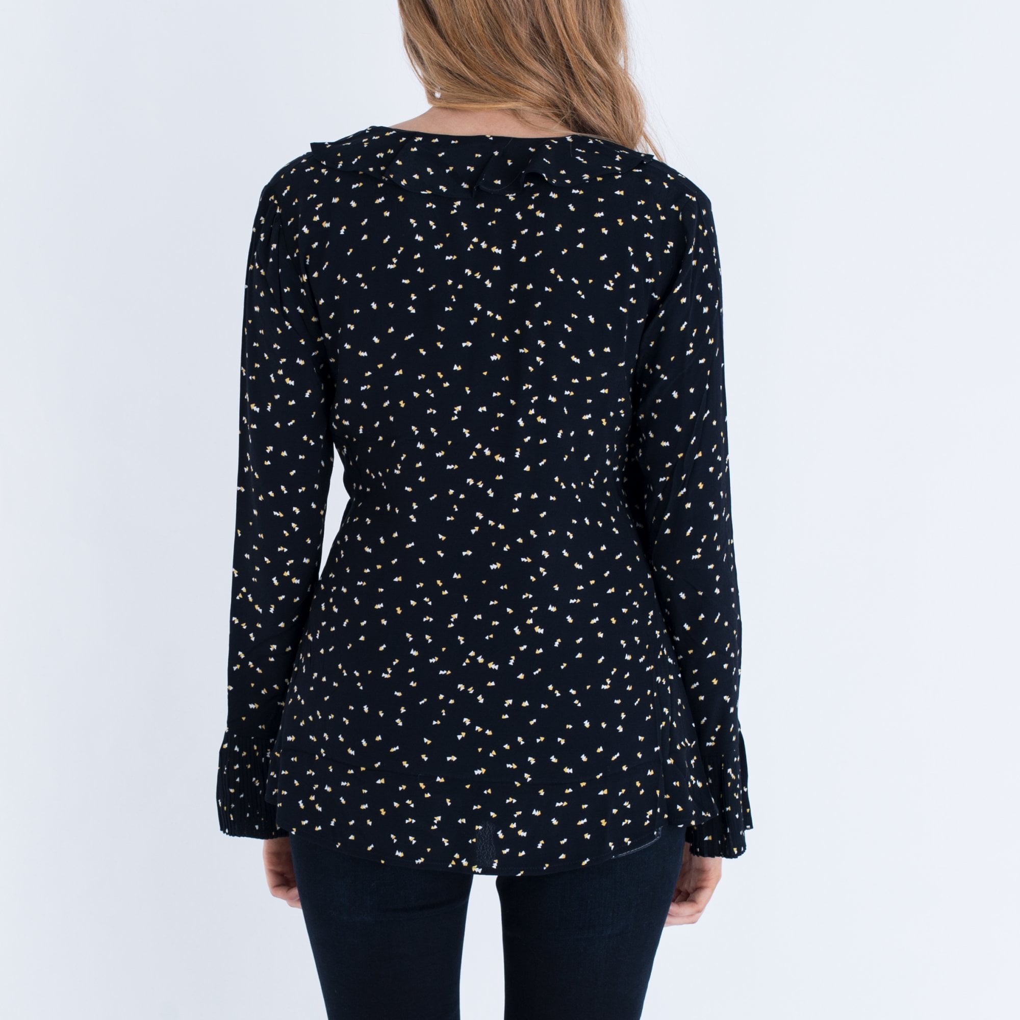 Charli Gabriella Tie Side Ruffle Edge Blouse Arrow Print Navy