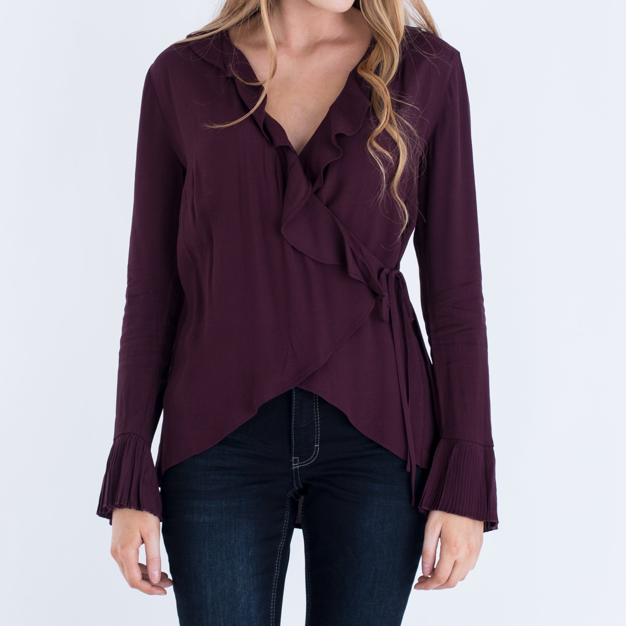Charli Gabriella Tie Side Ruffle Edge Blouse Damson