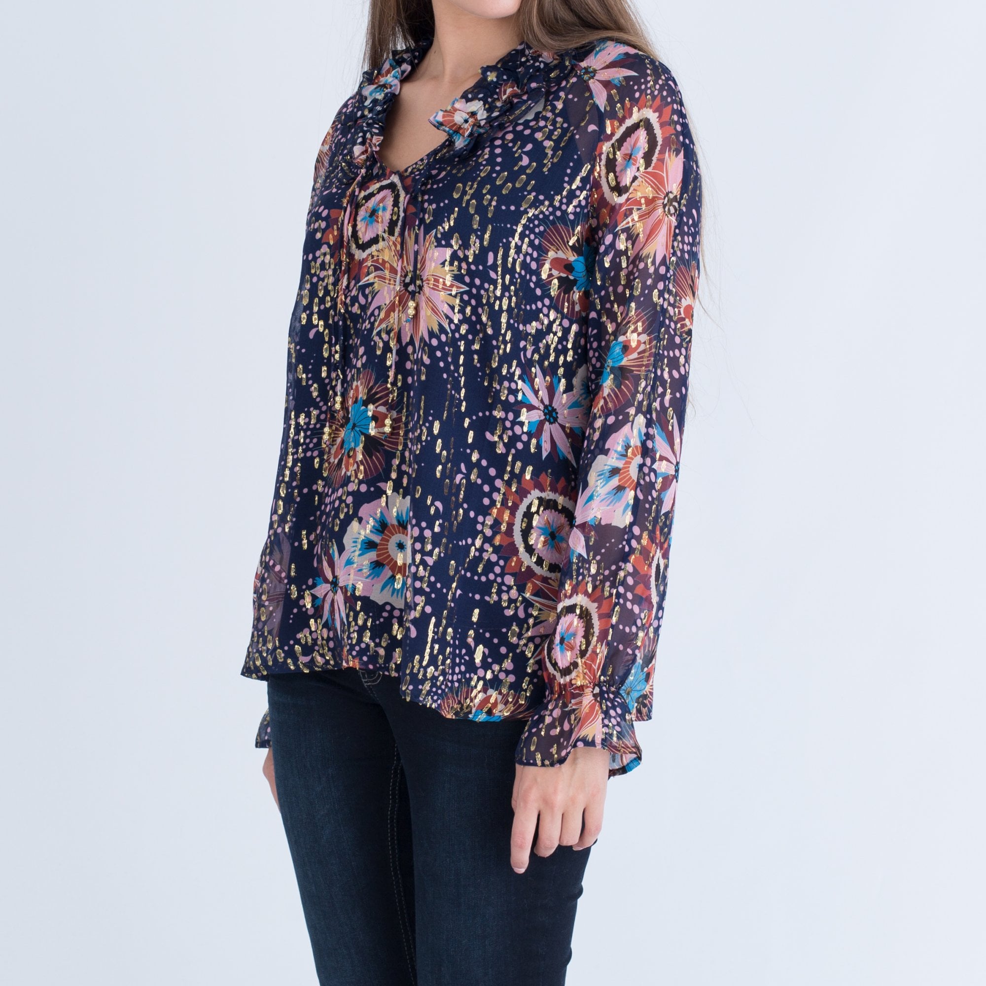 Dea Kudibal Silk Chiffon Blouse With Gold Thread Purple Multi