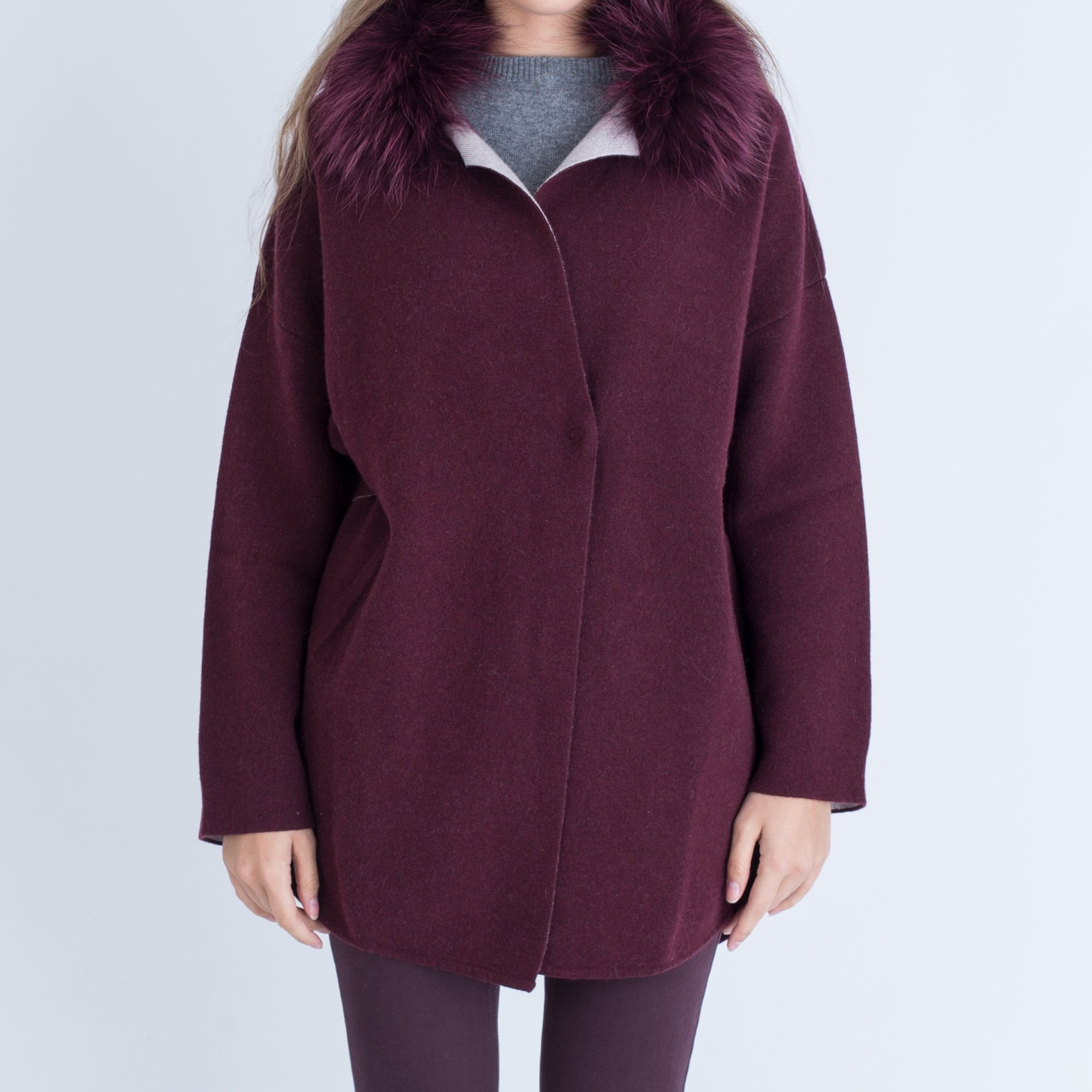 Suprema Tie Front Fur Collar Coat Bordeaux & Stone