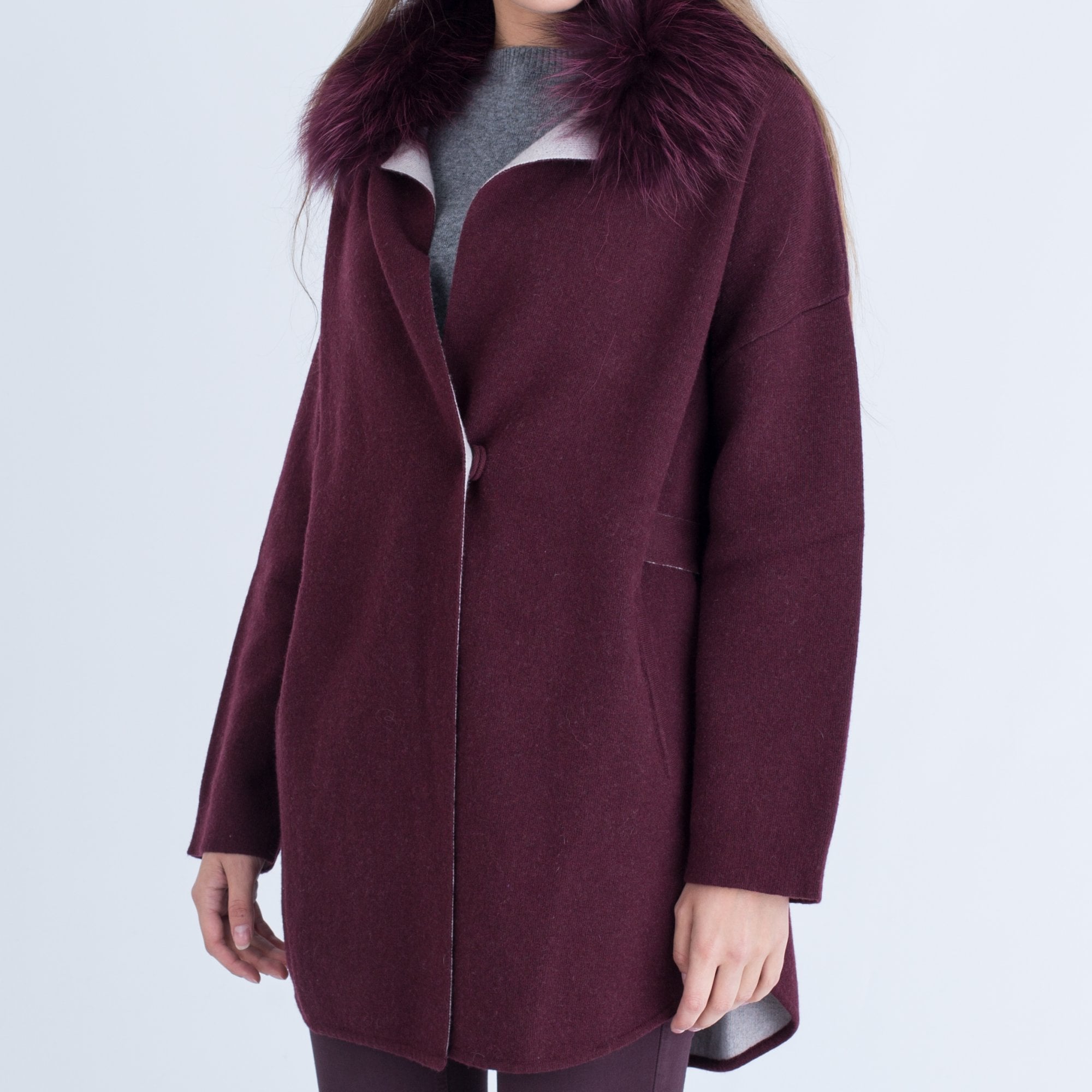 Suprema Tie Front Fur Collar Coat Bordeaux & Stone