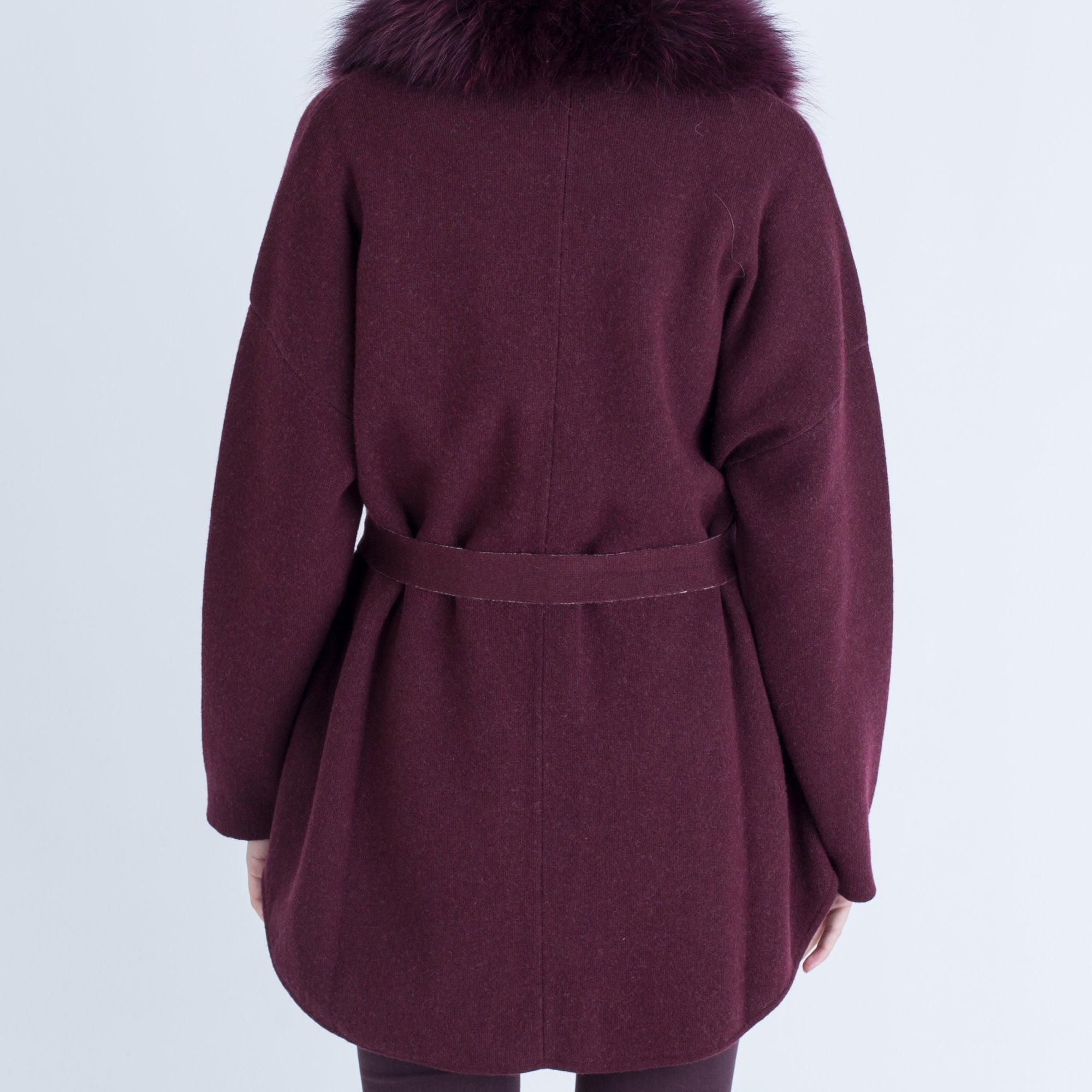 Suprema Tie Front Fur Collar Coat Bordeaux & Stone