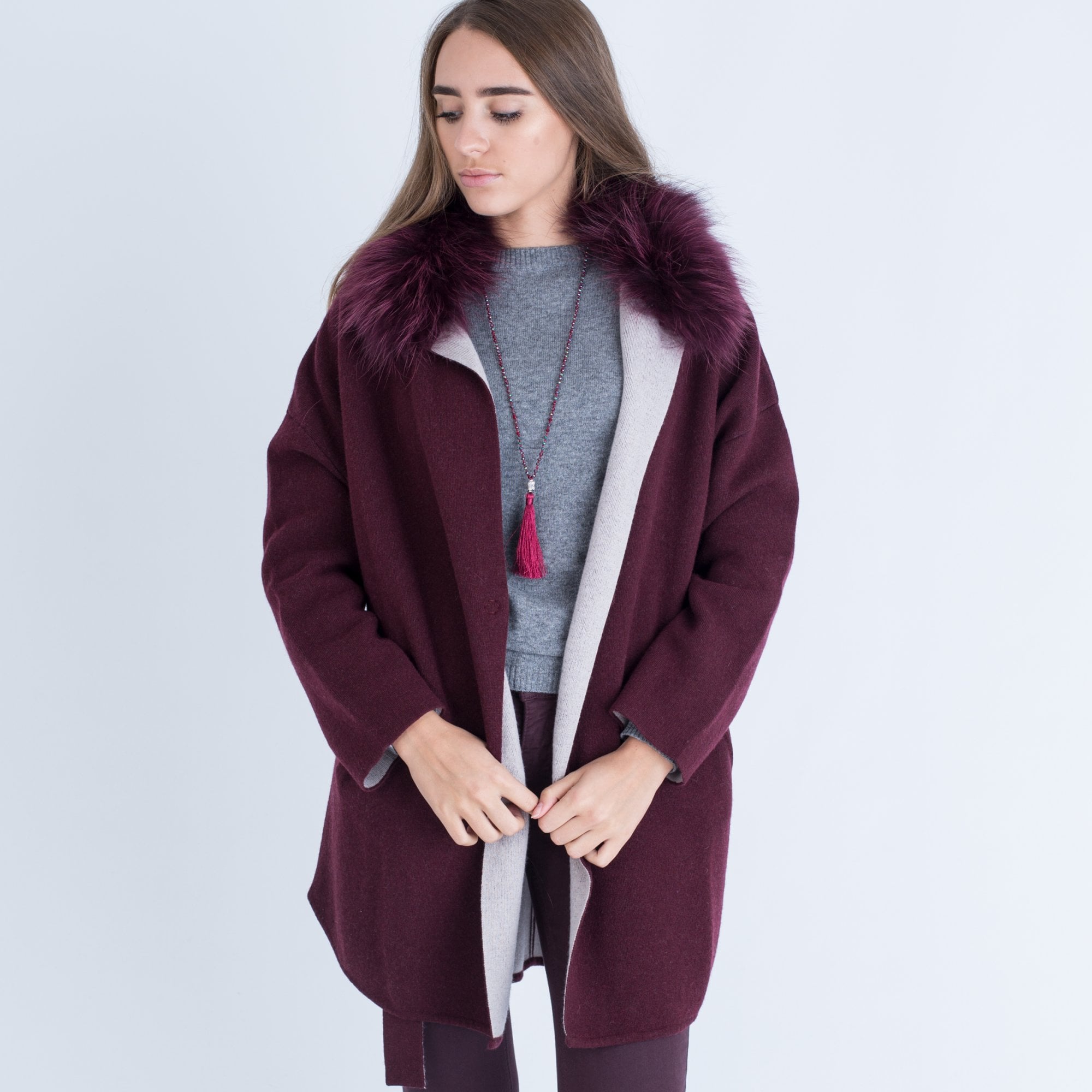 Suprema Tie Front Fur Collar Coat Bordeaux & Stone