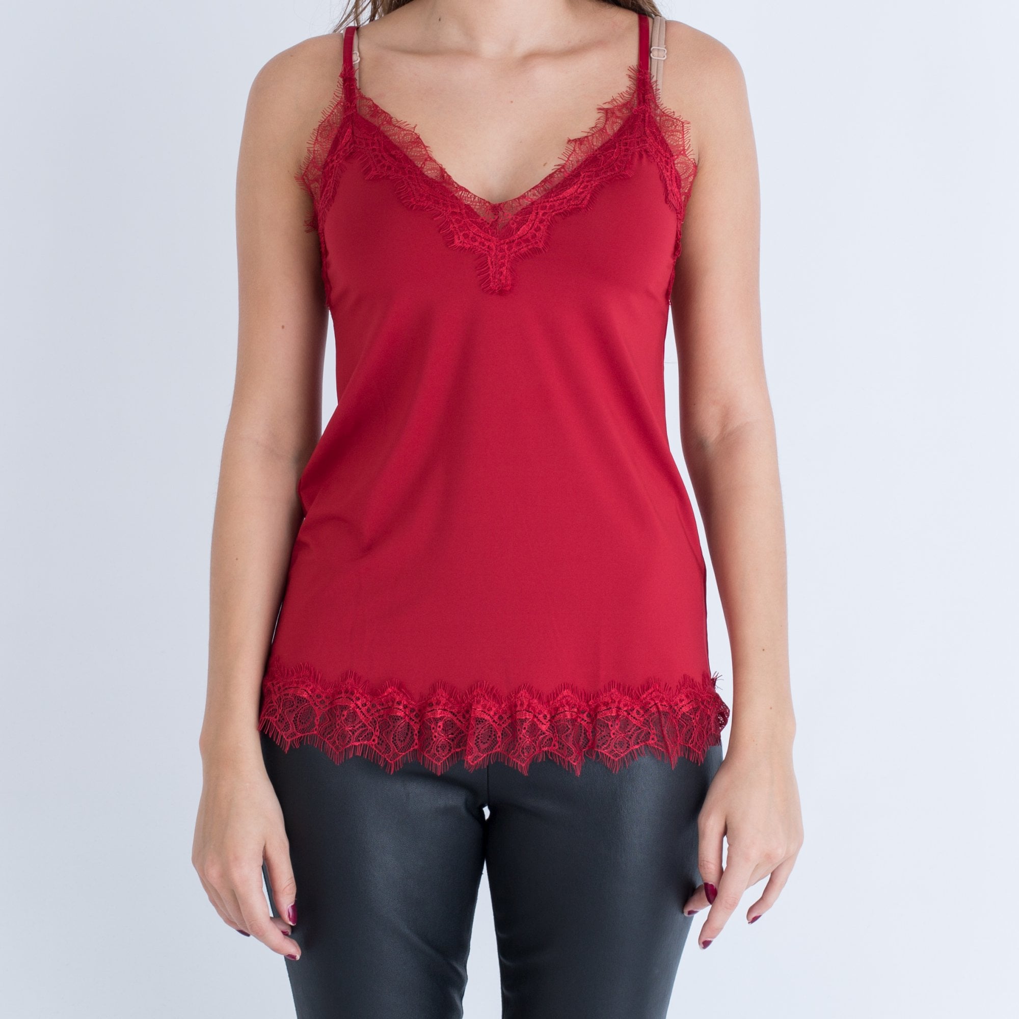 Rosemunde Metallic Lace Trim A Line Cami Dark Red
