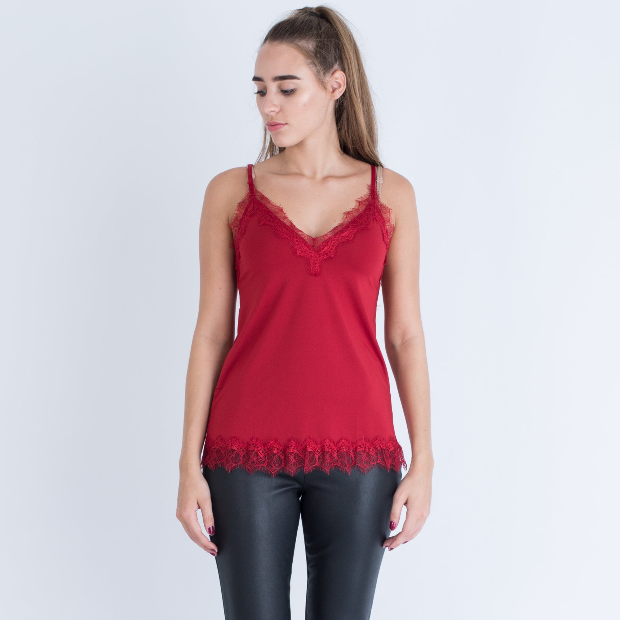 Rosemunde Metallic Lace Trim A Line Cami Dark Red