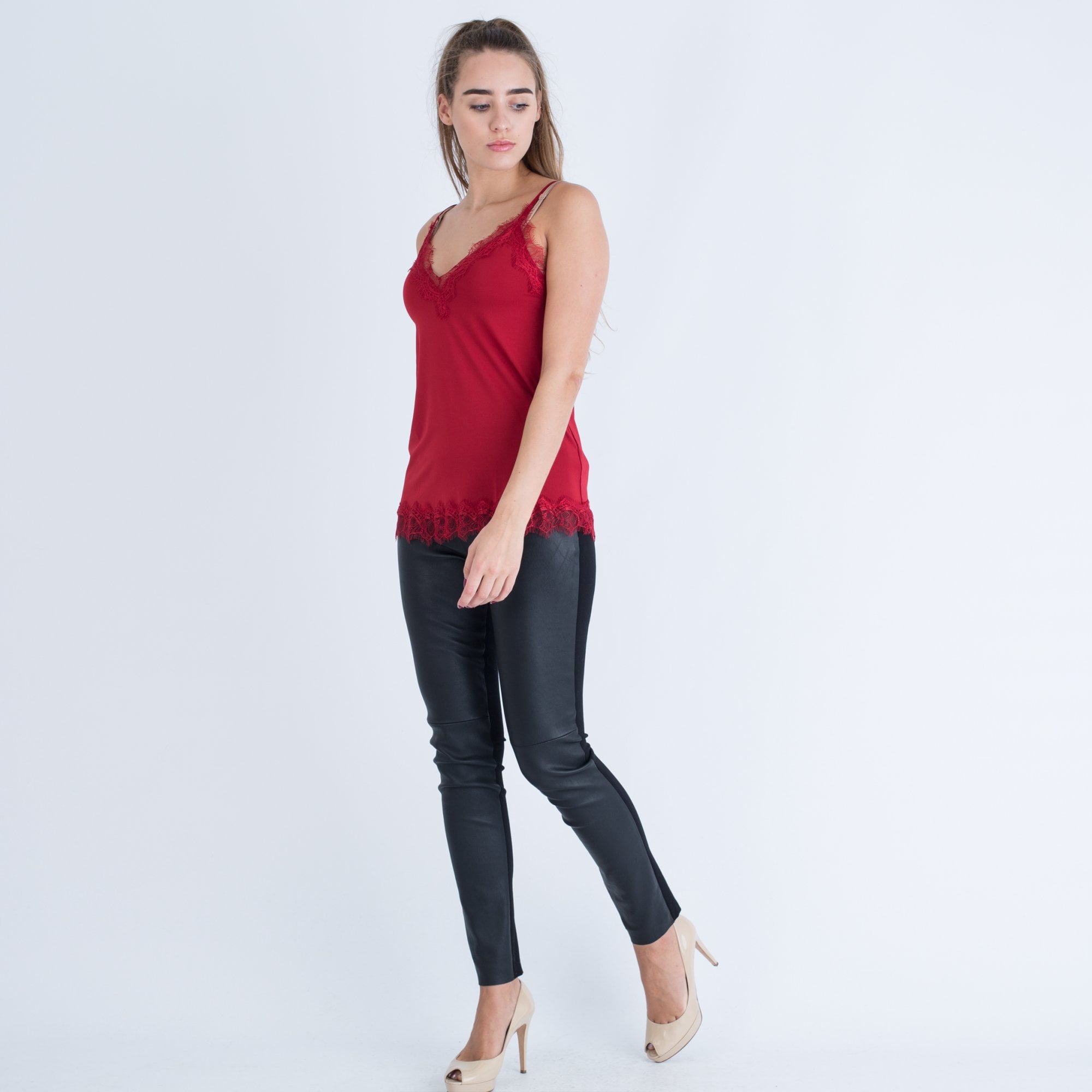 Rosemunde Metallic Lace Trim A Line Cami Dark Red