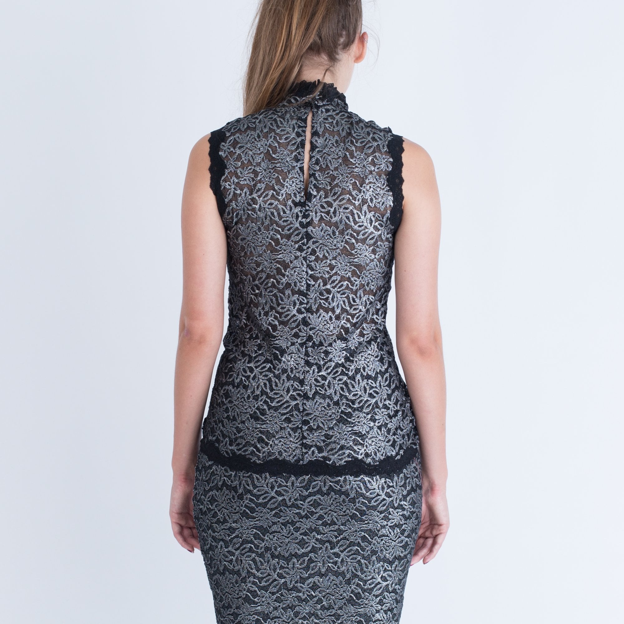 Rosemunde Metallic Sleeveless Lace Top Black/Silver
