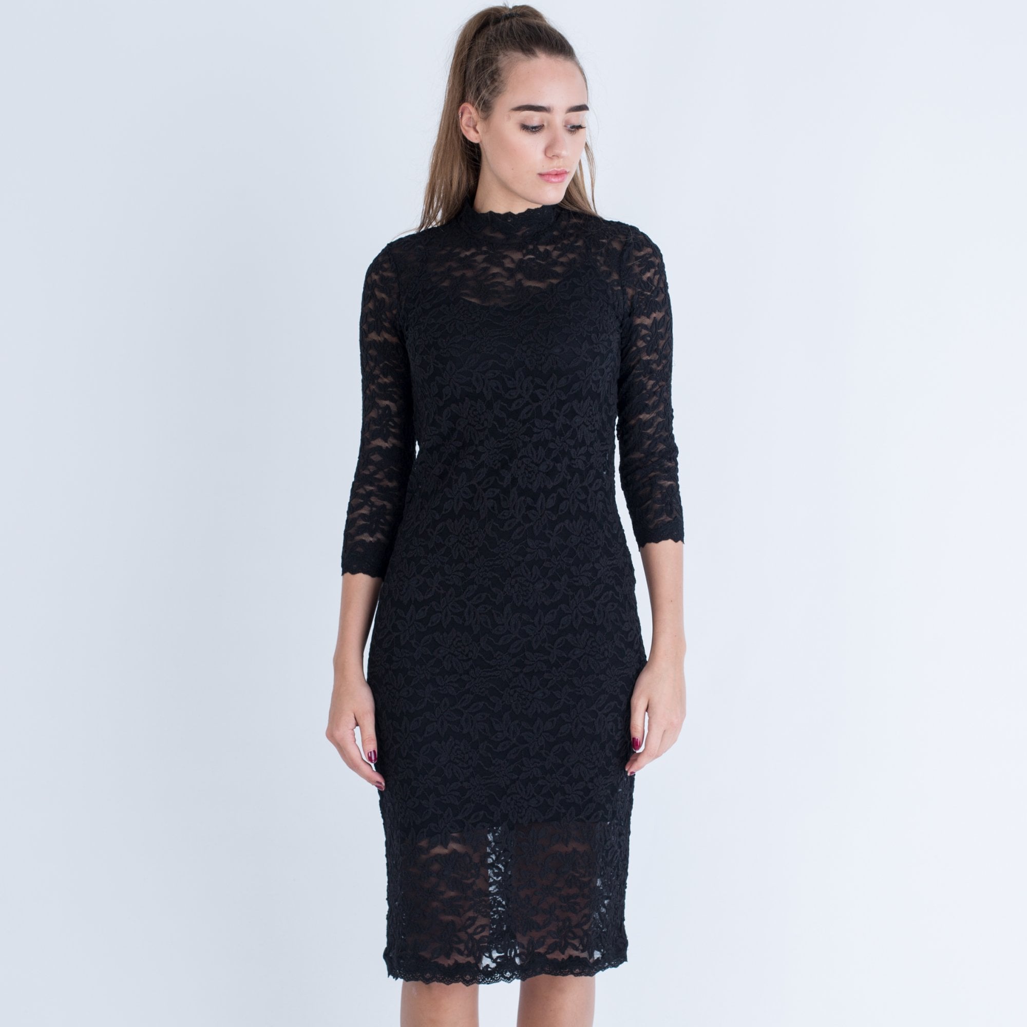 Rosemunde Fitted Lace Dress With Nerhu Neck And 3/4 Sleeve Black   SisterOnlinestore