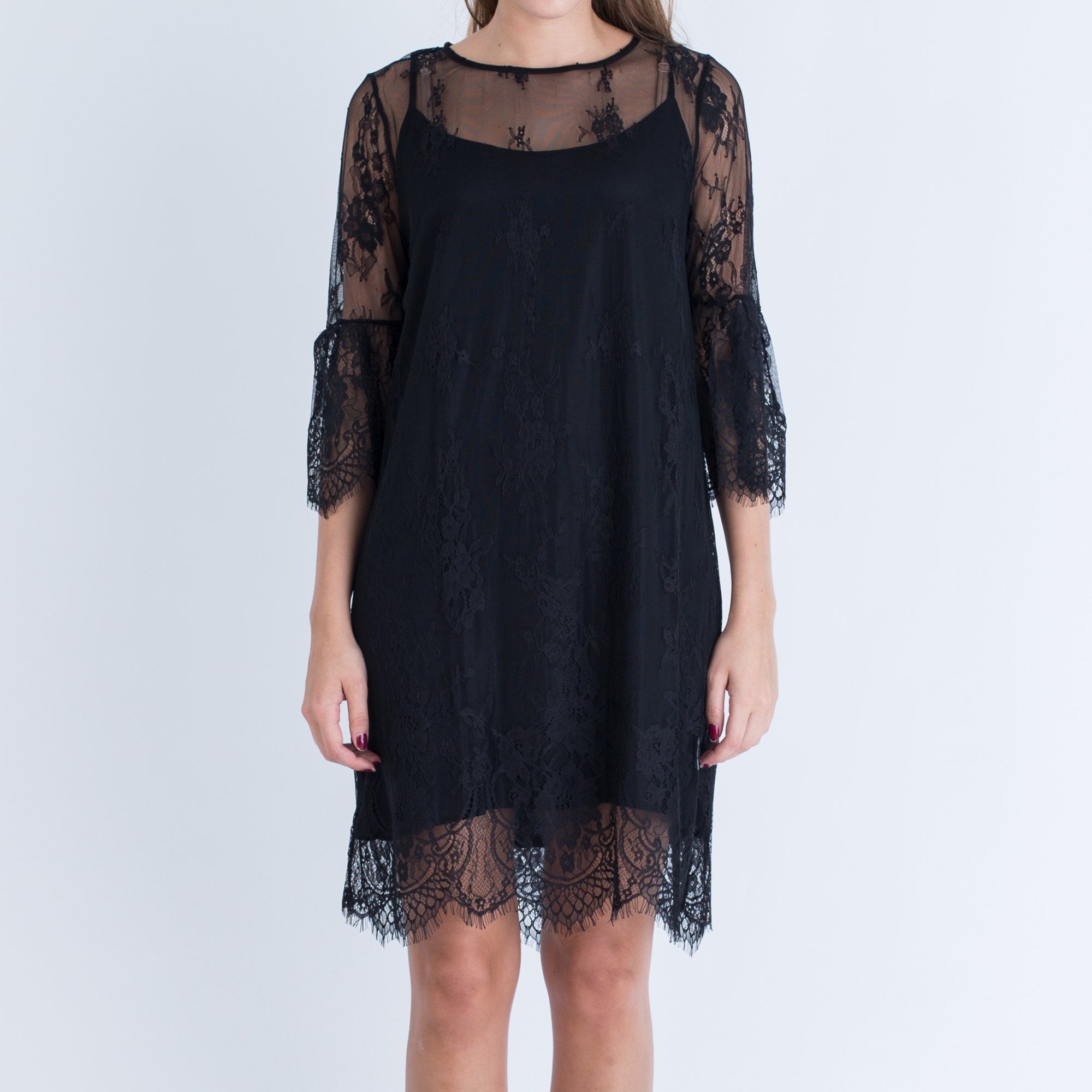 Rosemunde Delicate Fine Lace Dress With 3/4 Gathered Sleeve Black