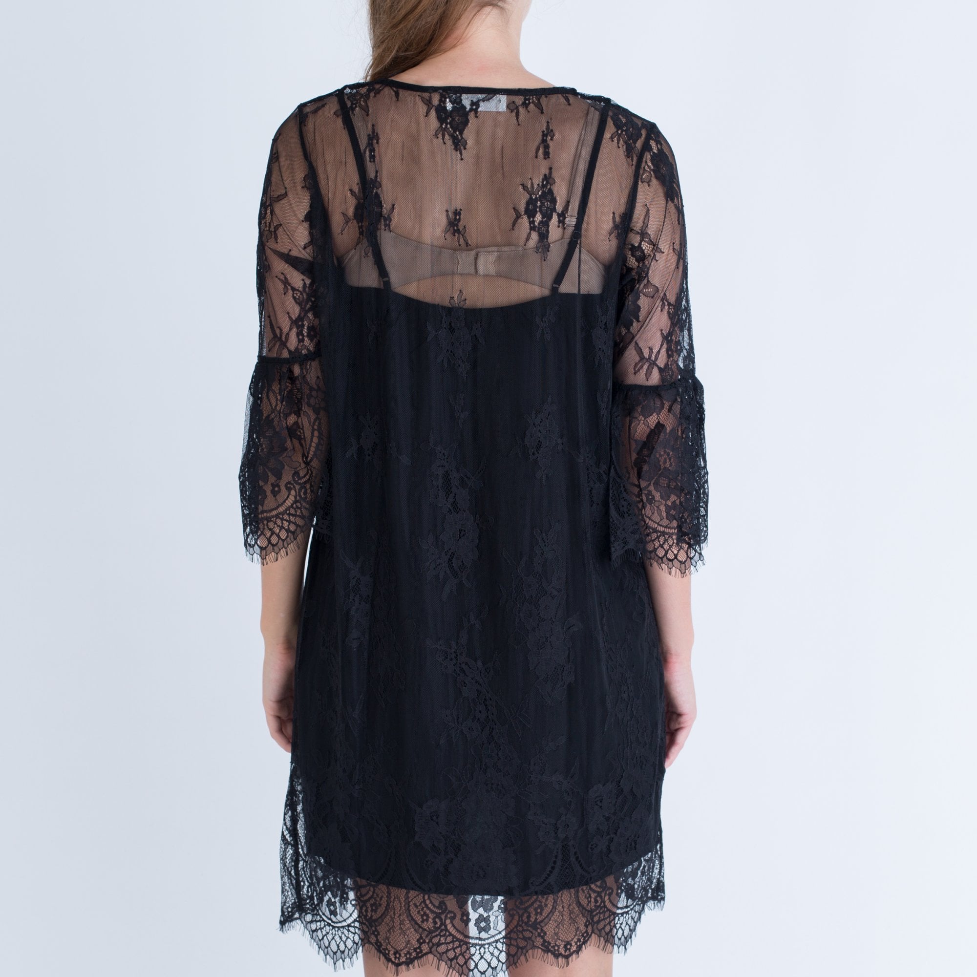 Rosemunde Delicate Fine Lace Dress With 3/4 Gathered Sleeve Black