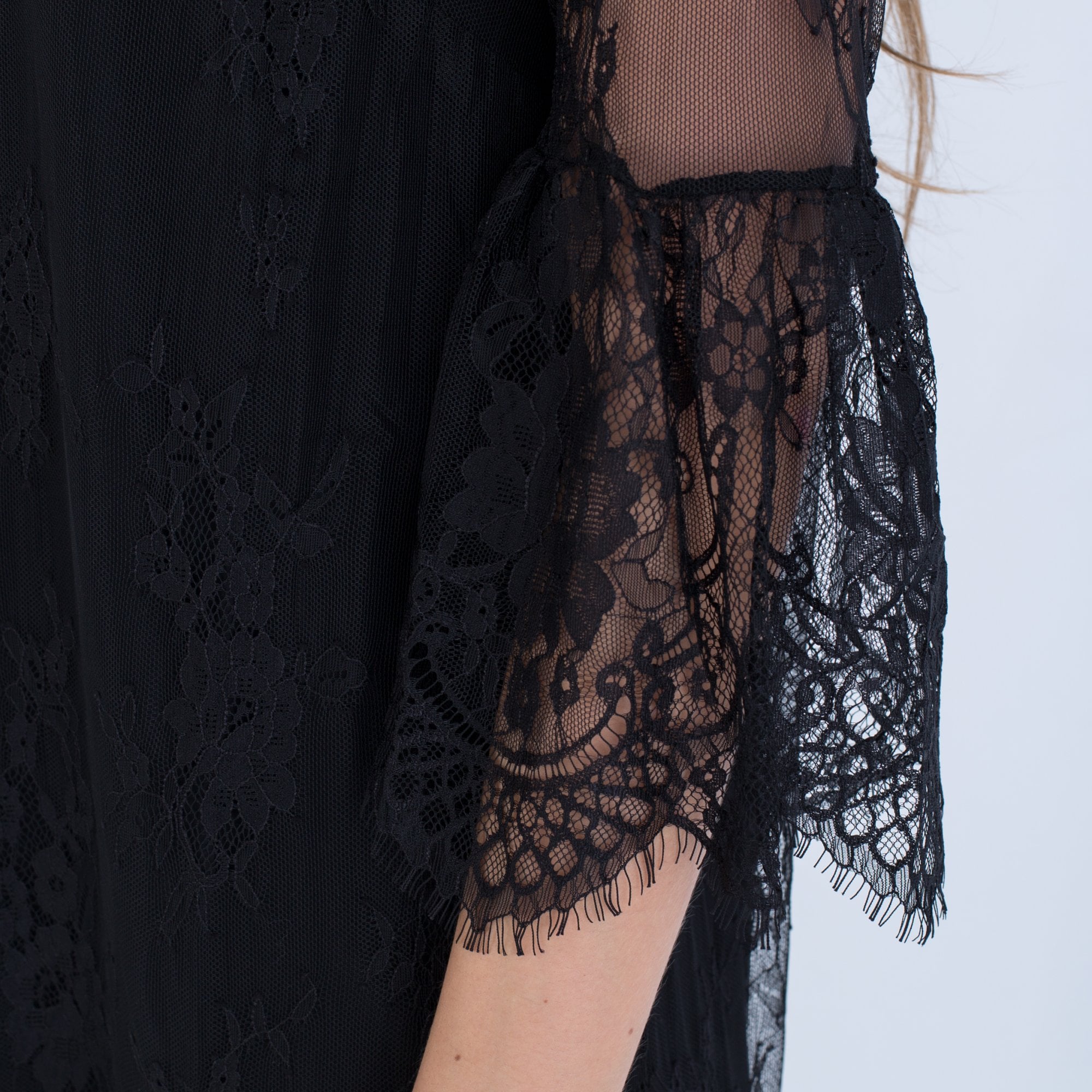 Rosemunde Delicate Fine Lace Dress With 3/4 Gathered Sleeve Black