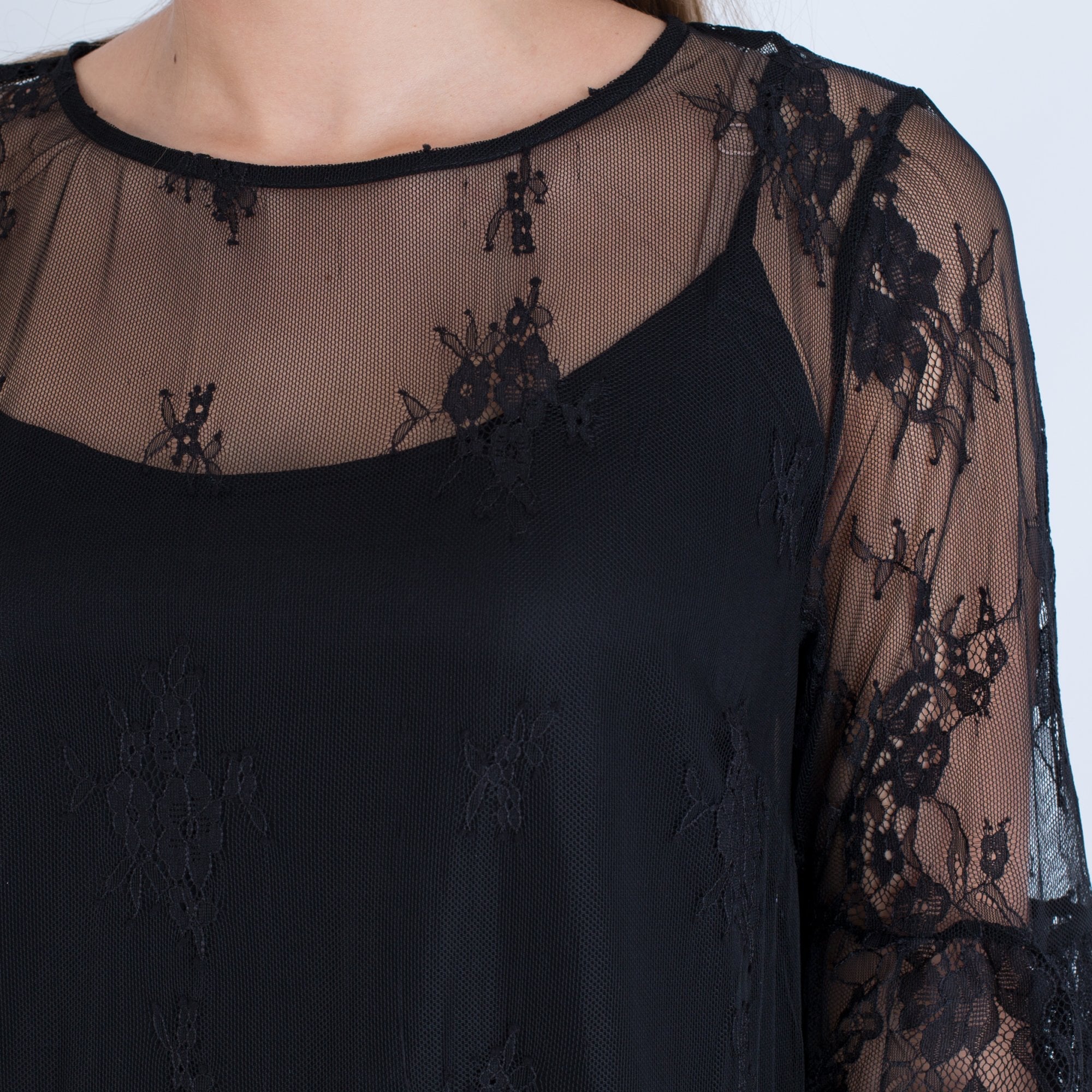 Rosemunde Delicate Fine Lace Dress With 3/4 Gathered Sleeve Black
