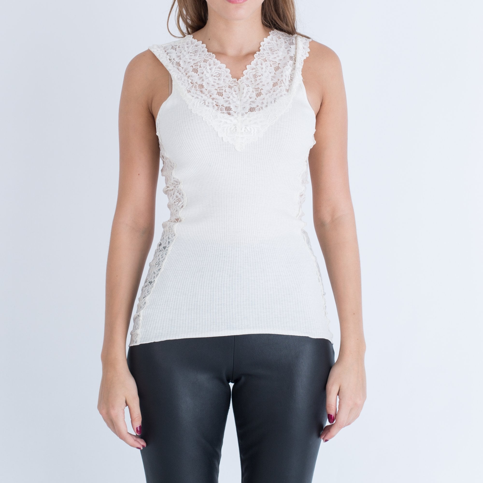 Rosemunde Wide Lace Shoulder V Neck Cotton And Silk Fitted T Ivory
