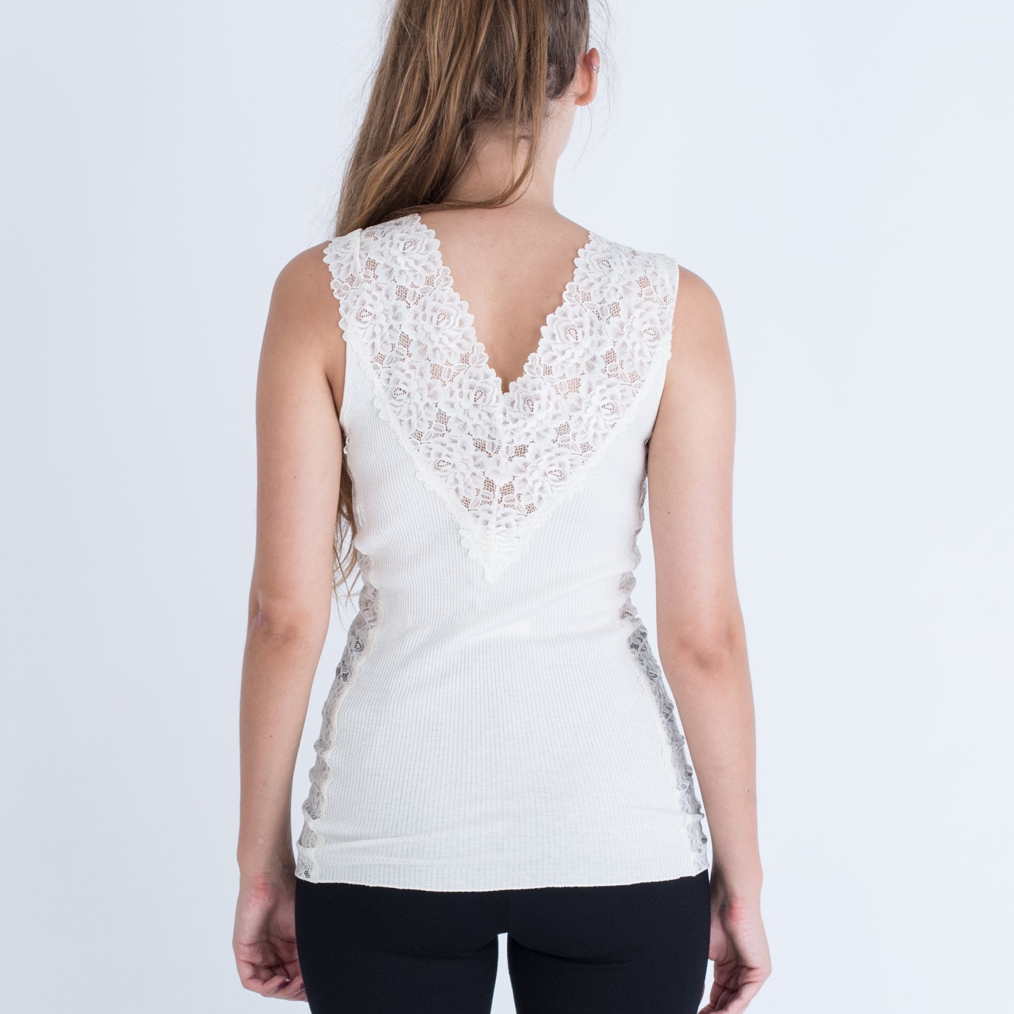 Rosemunde Wide Lace Shoulder V Neck Cotton And Silk Fitted T Ivory