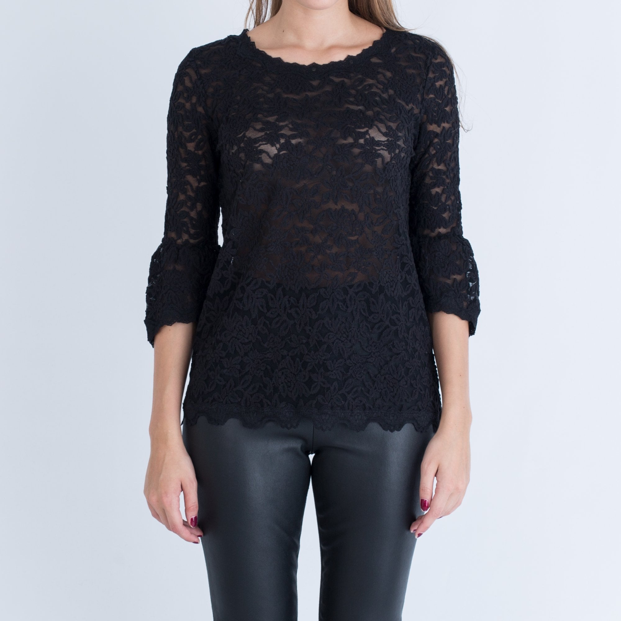 Rosemunde Lace A Line Top With 3/4 Gathered Sleeve Black