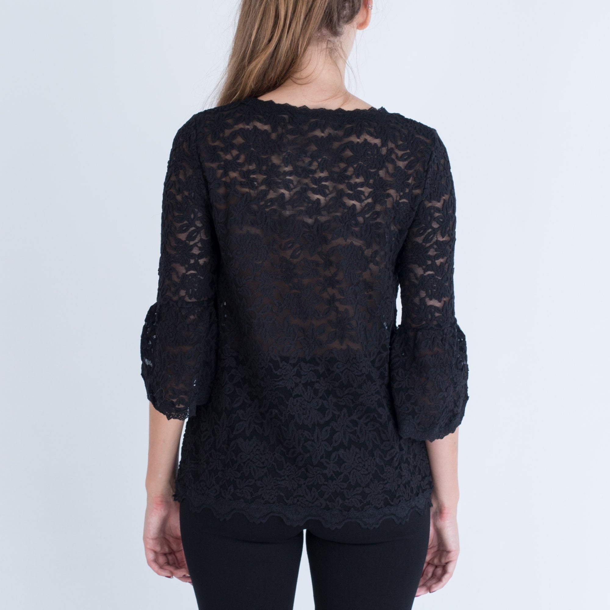 Rosemunde Lace A Line Top With 3/4 Gathered Sleeve Black