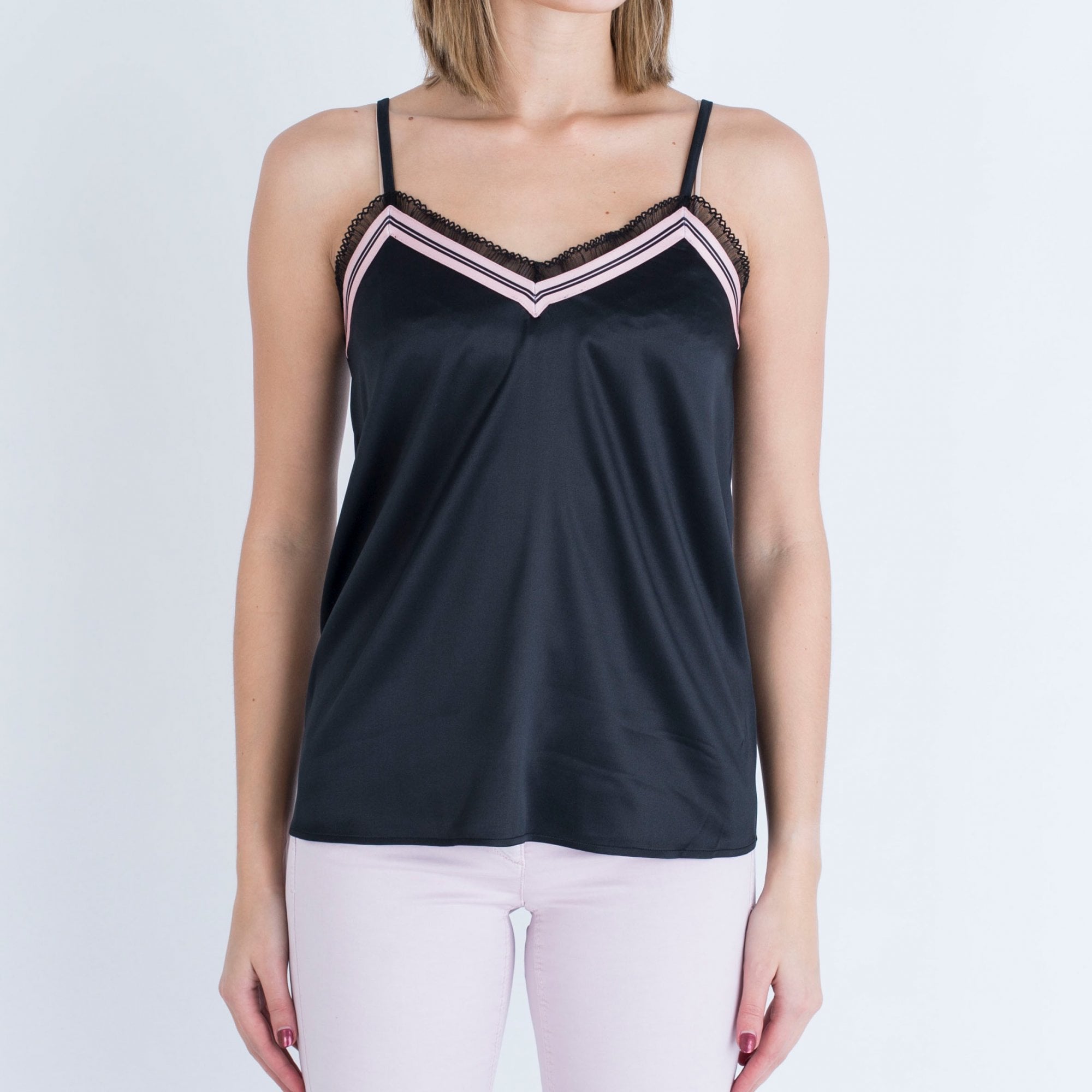 Luisa Cerano Silk Vest With Pink Stripe Trim Black & Pink