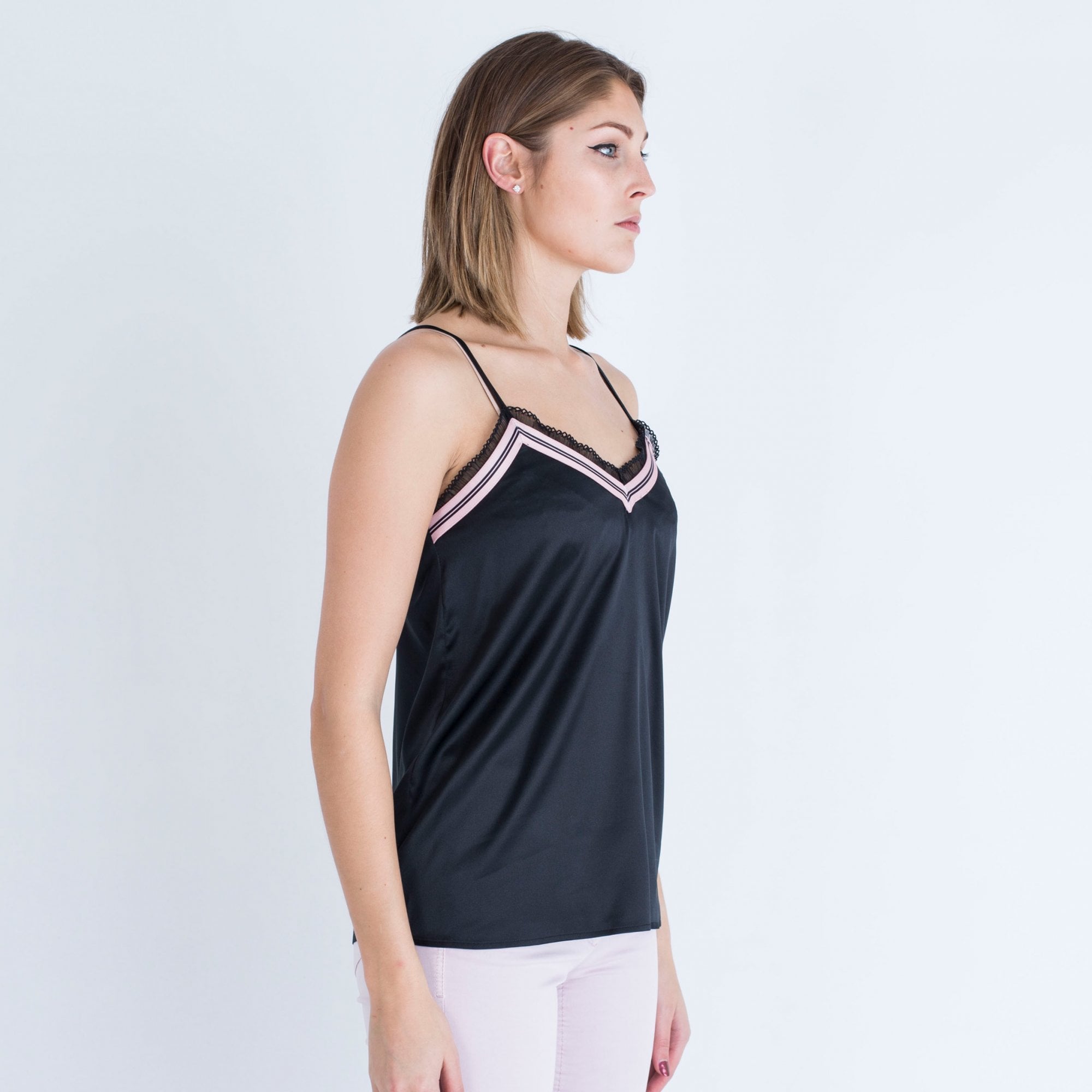 Luisa Cerano Silk Vest With Pink Stripe Trim Black & Pink