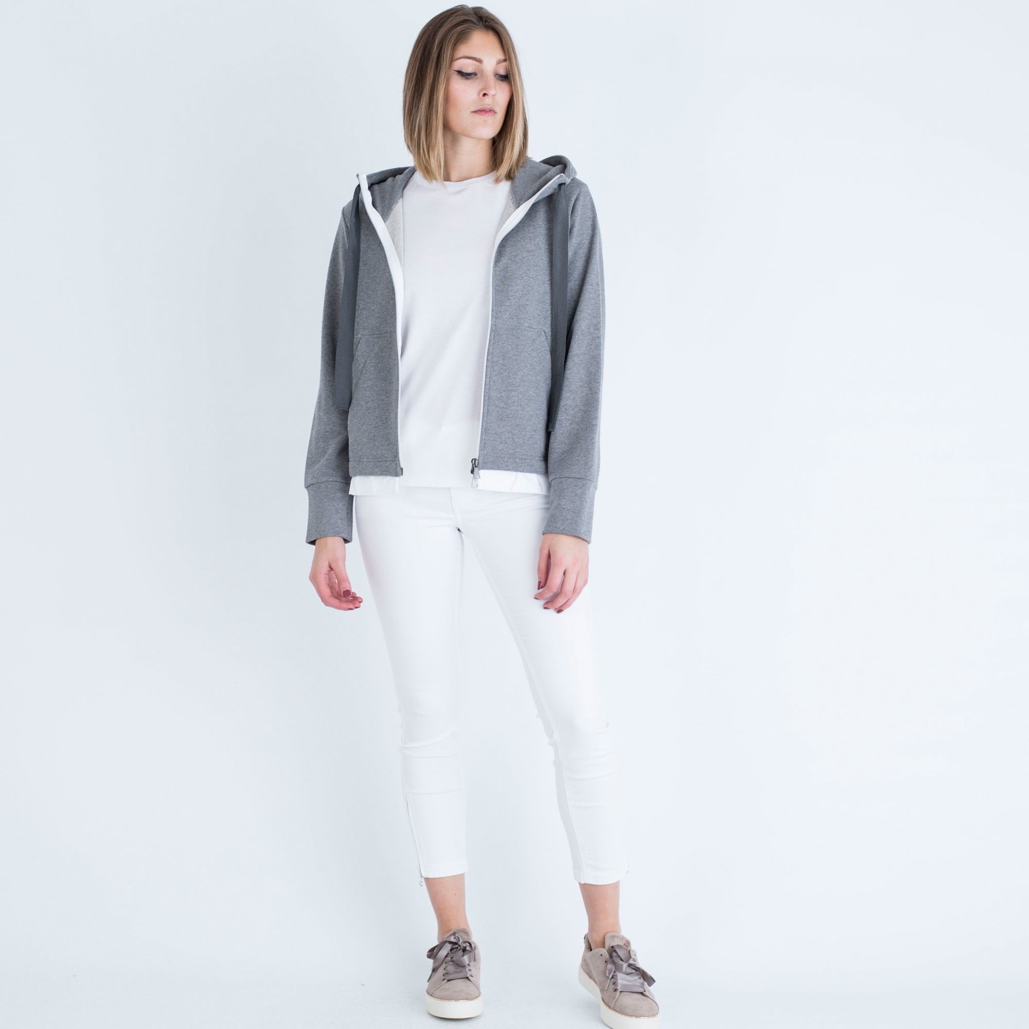 Luisa Cerano Cotton Back Hooded Sweatshirt Jacket Grey/White