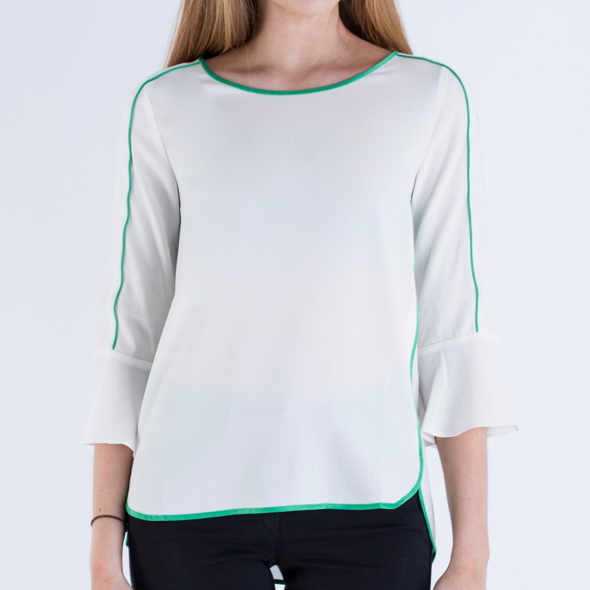 Marc Cain Piped Flute Sleeve Cupro Top White/Green