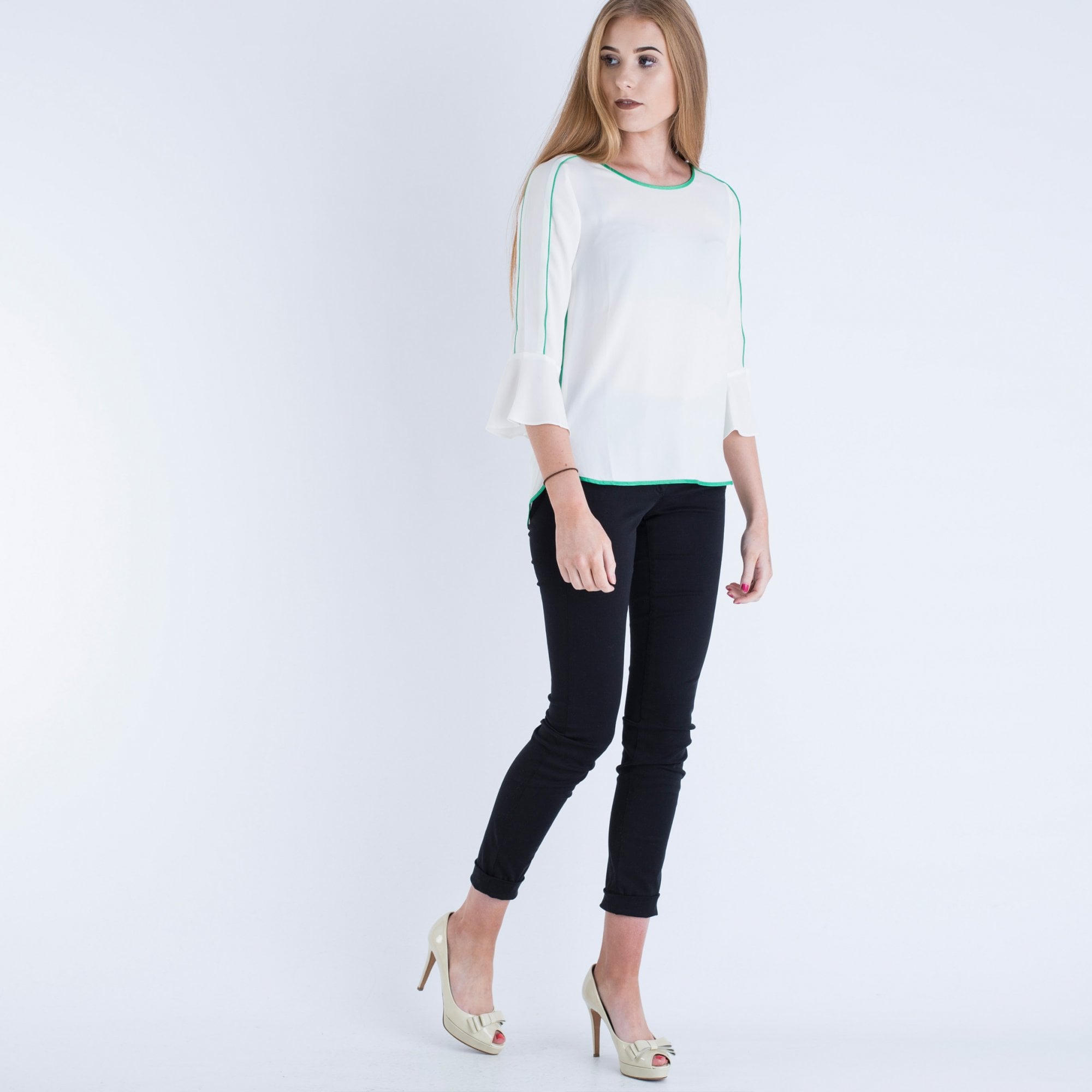 Marc Cain Piped Flute Sleeve Cupro Top White/Green