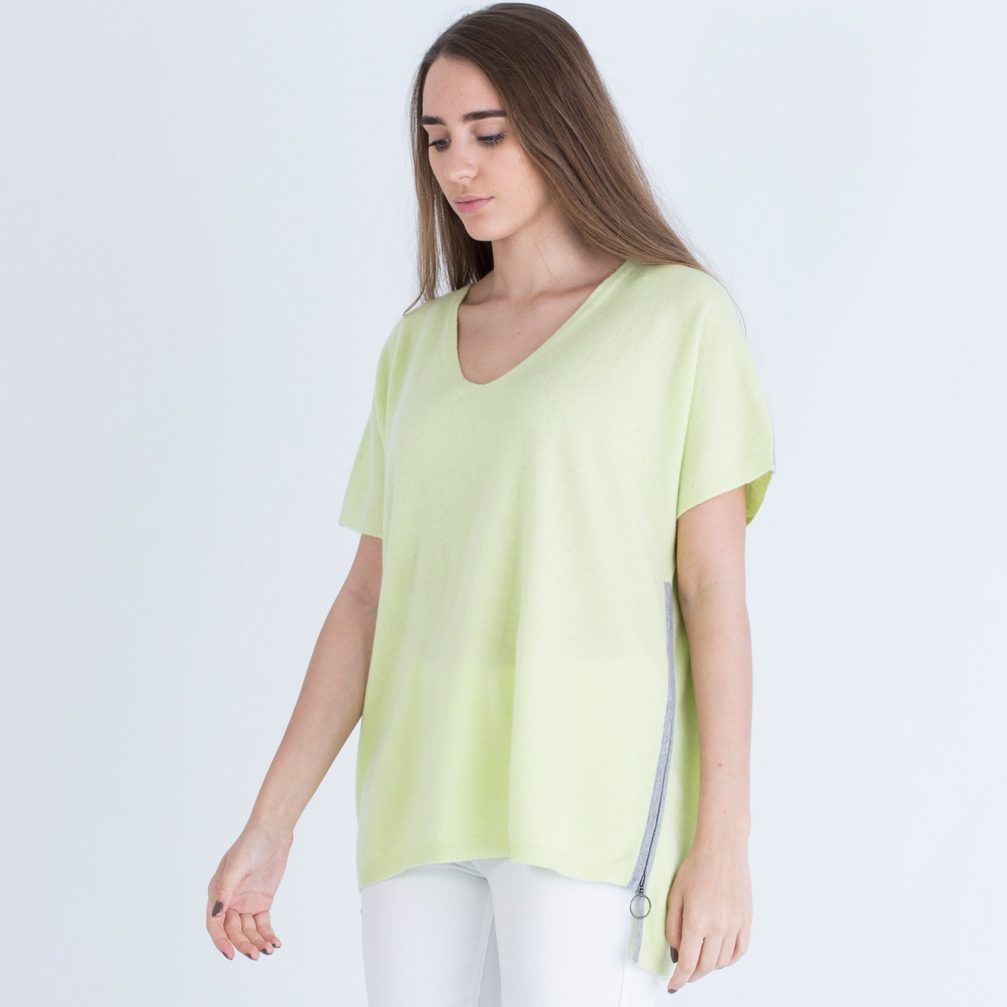 Cocoa Cashmere Short Sleeve V Neck Jumper With Side Zip Light Pistachio