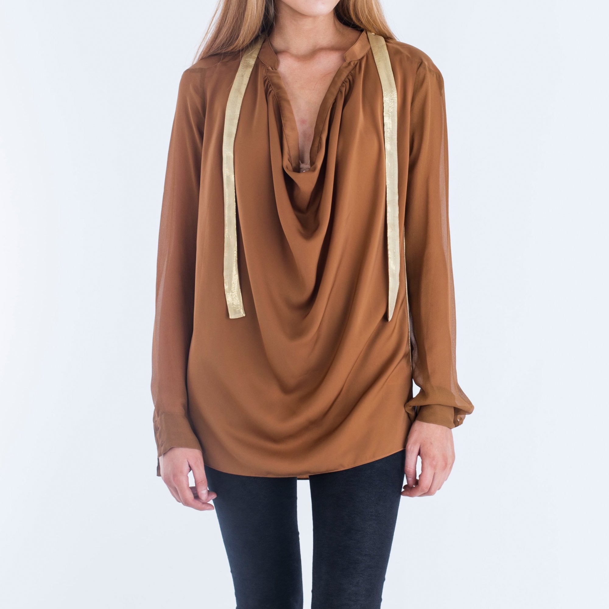 Pinko Chiffon Sleeve Lurex Tie Neck Blouse Tobacco