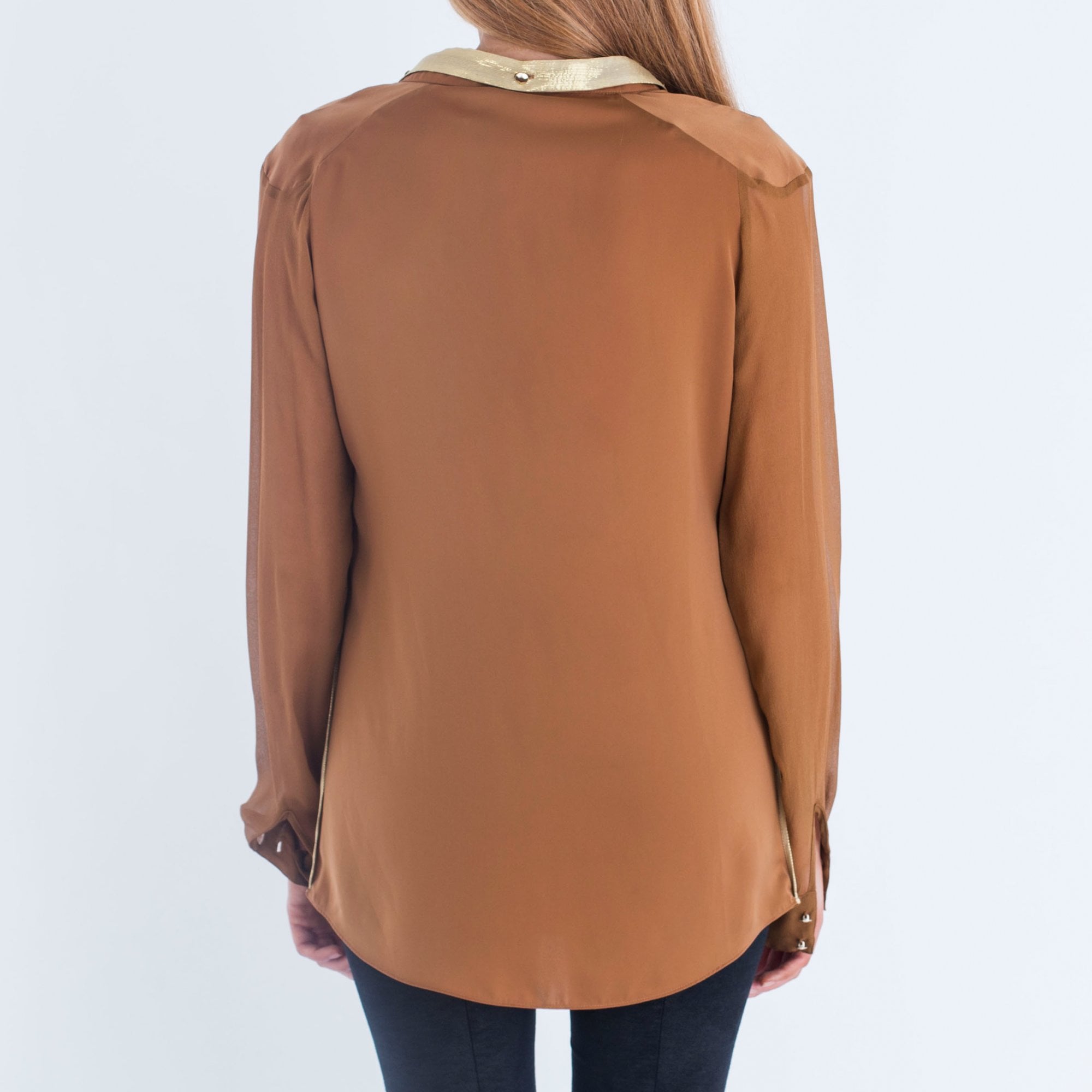 Pinko Chiffon Sleeve Lurex Tie Neck Blouse Tobacco