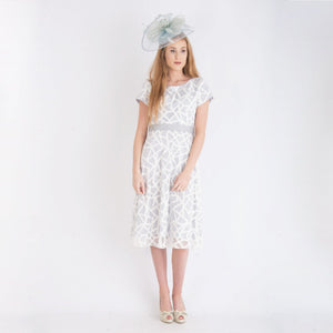 Fee G Long Mesh & Embroided Mossaic Effect Skater Dress Grey   SisterOnlinestore