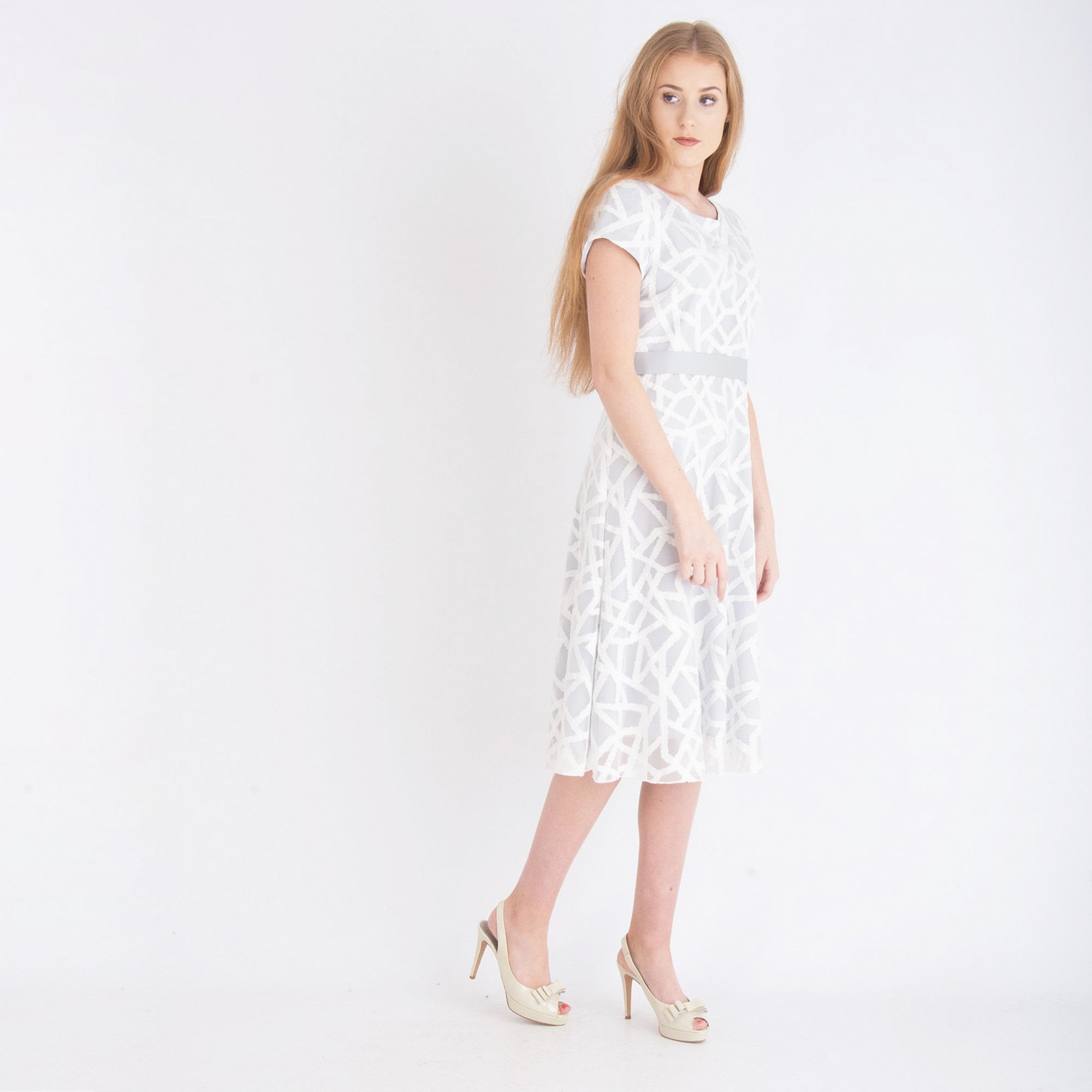 Fee G Long Mesh & Embroidered Mosaic Effect Skater Dress Grey