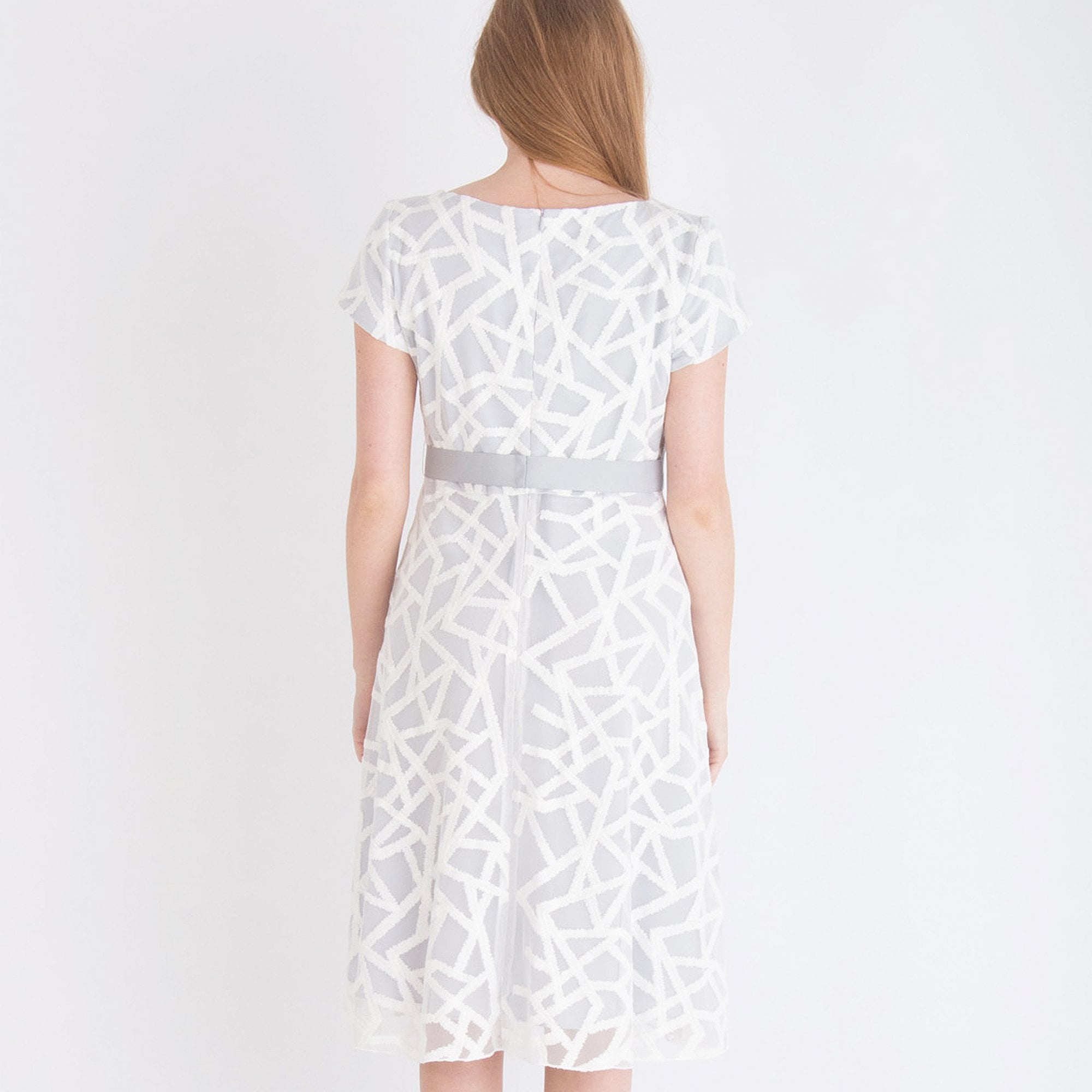 Fee G Long Mesh & Embroidered Mosaic Effect Skater Dress Grey