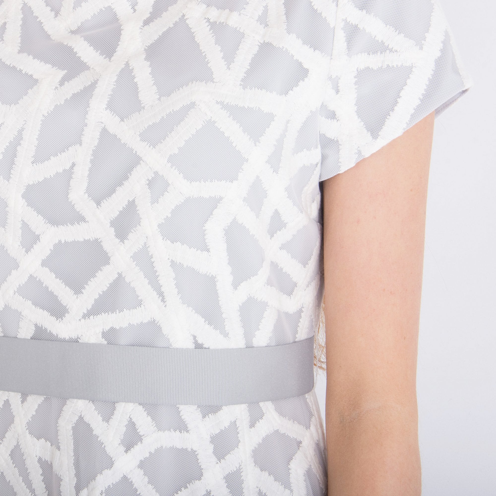 Fee G Long Mesh & Embroidered Mosaic Effect Skater Dress Grey