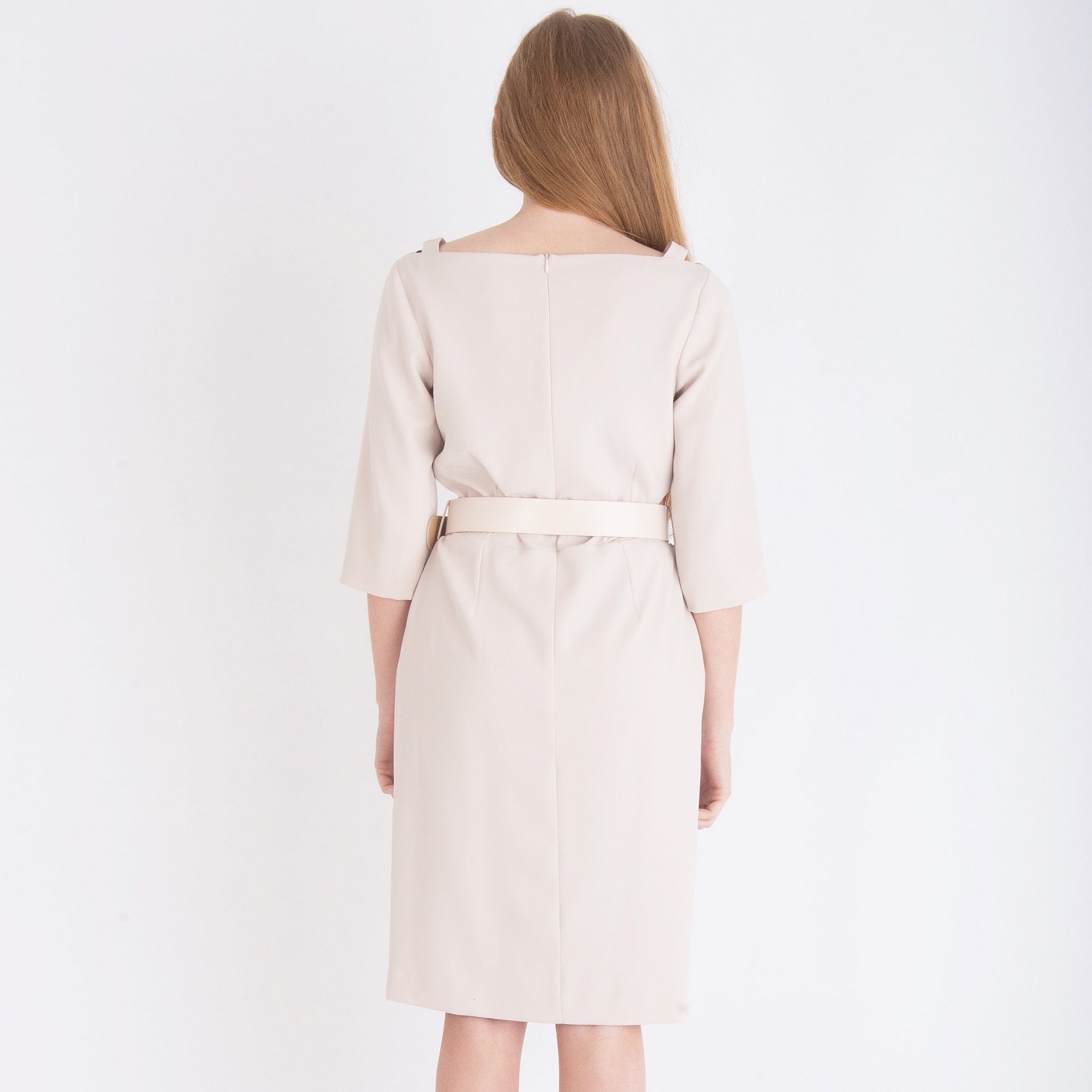 Fee G Belted Three Quarter Sleeve Dress Sand