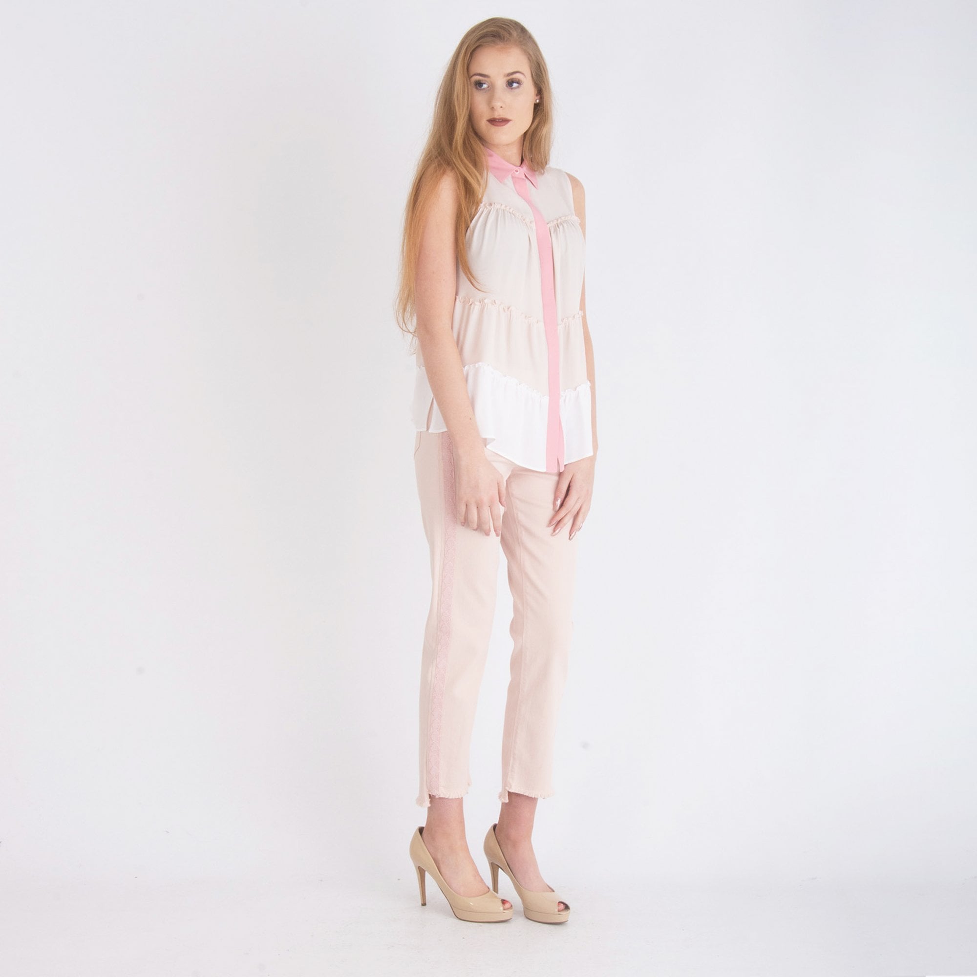 Riani Colour Bloc Tiered Sleeveless Blouse Pink/White