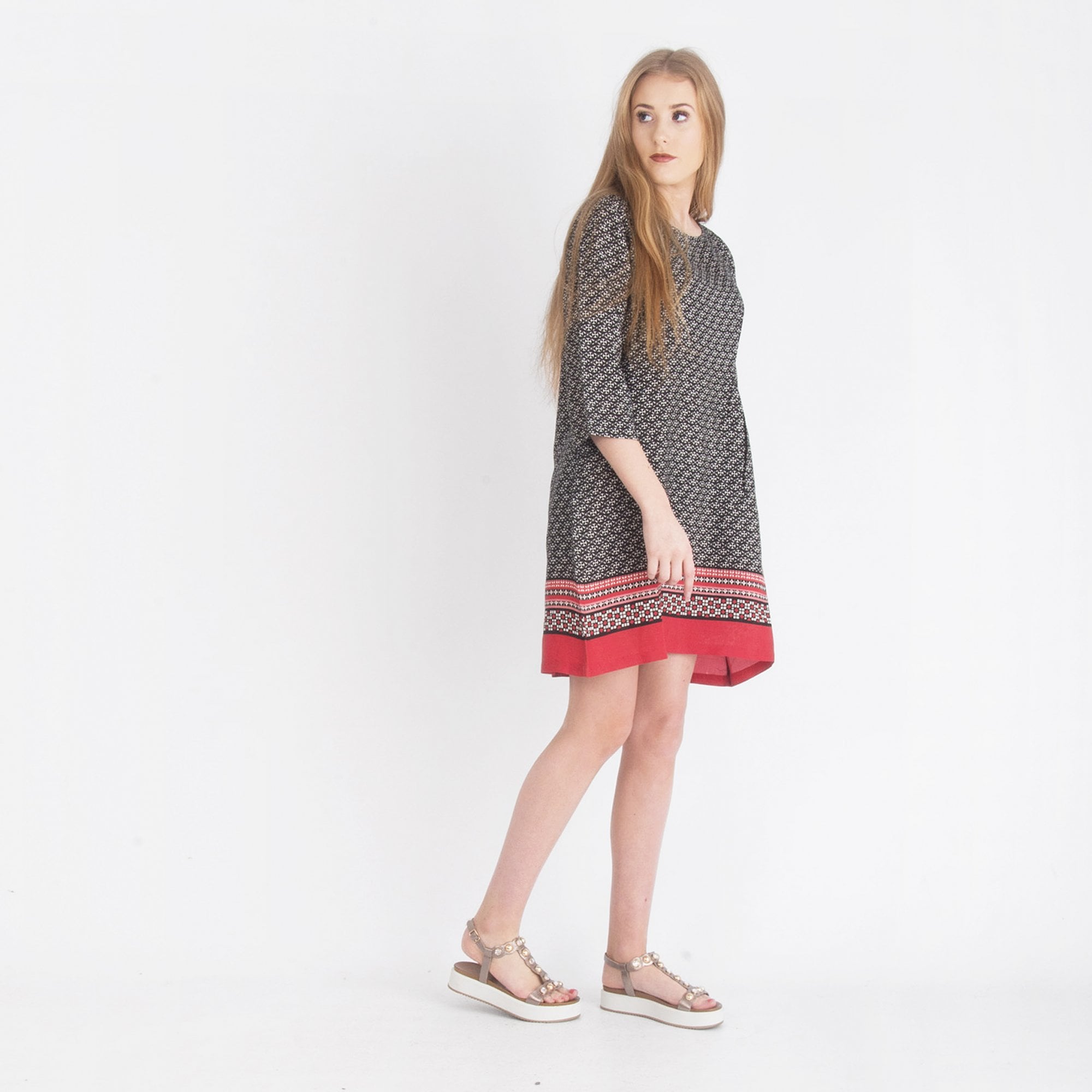 Masai Gabrielis Print Tunic Dress With Stripe Hem White/Black/Red