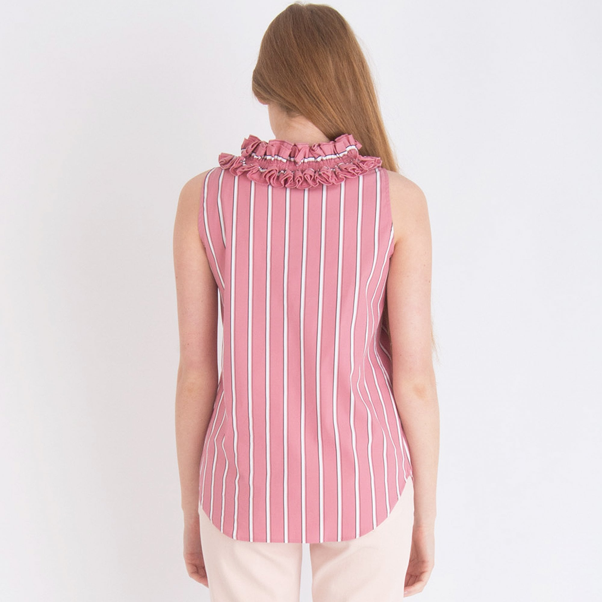 Riani Ruffle Neck Stripe Sleeveless Top Dark Pink