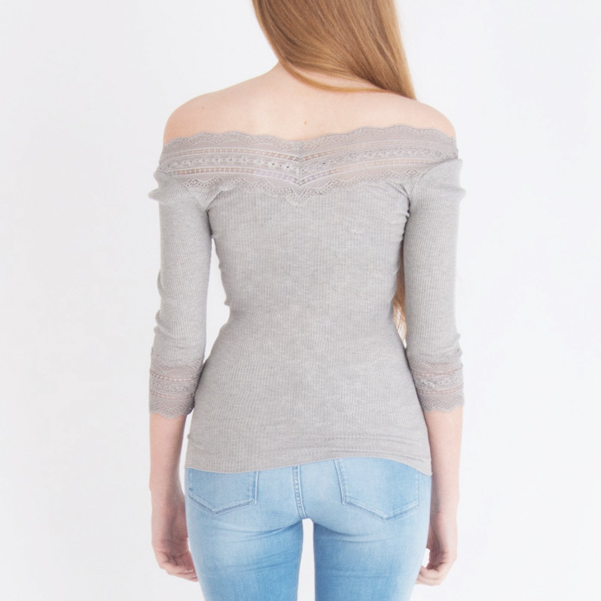 Rosemunde Silk Top With Lace Hem Light Grey