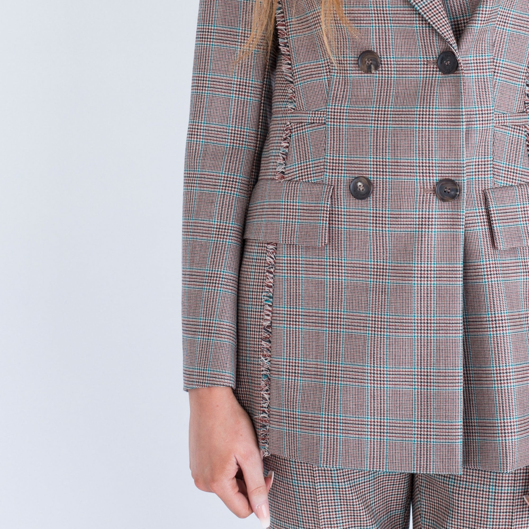 Marc Cain Check Double Breasted Fray Detail Jacket Beige